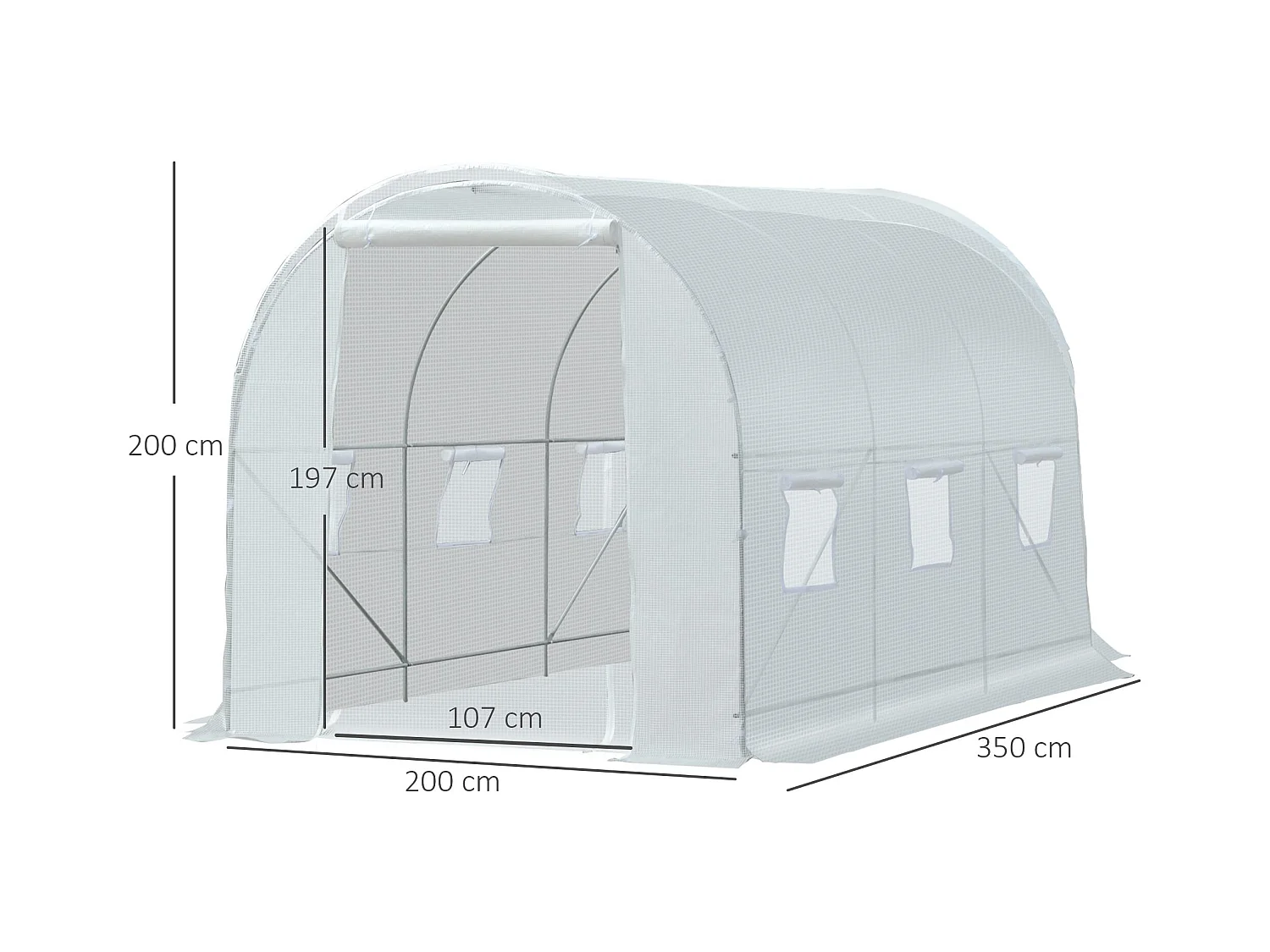 Serre de jardin tunnel surface sol 7 m² 3,5L x 2l x 2H m châssis tubulaire renforcé 18 mm 6 fenêtres blanc