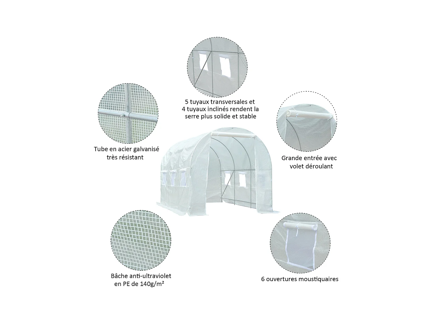 Serre de jardin tunnel surface sol 7 m² 3,5L x 2l x 2H m châssis tubulaire renforcé 18 mm 6 fenêtres blanc