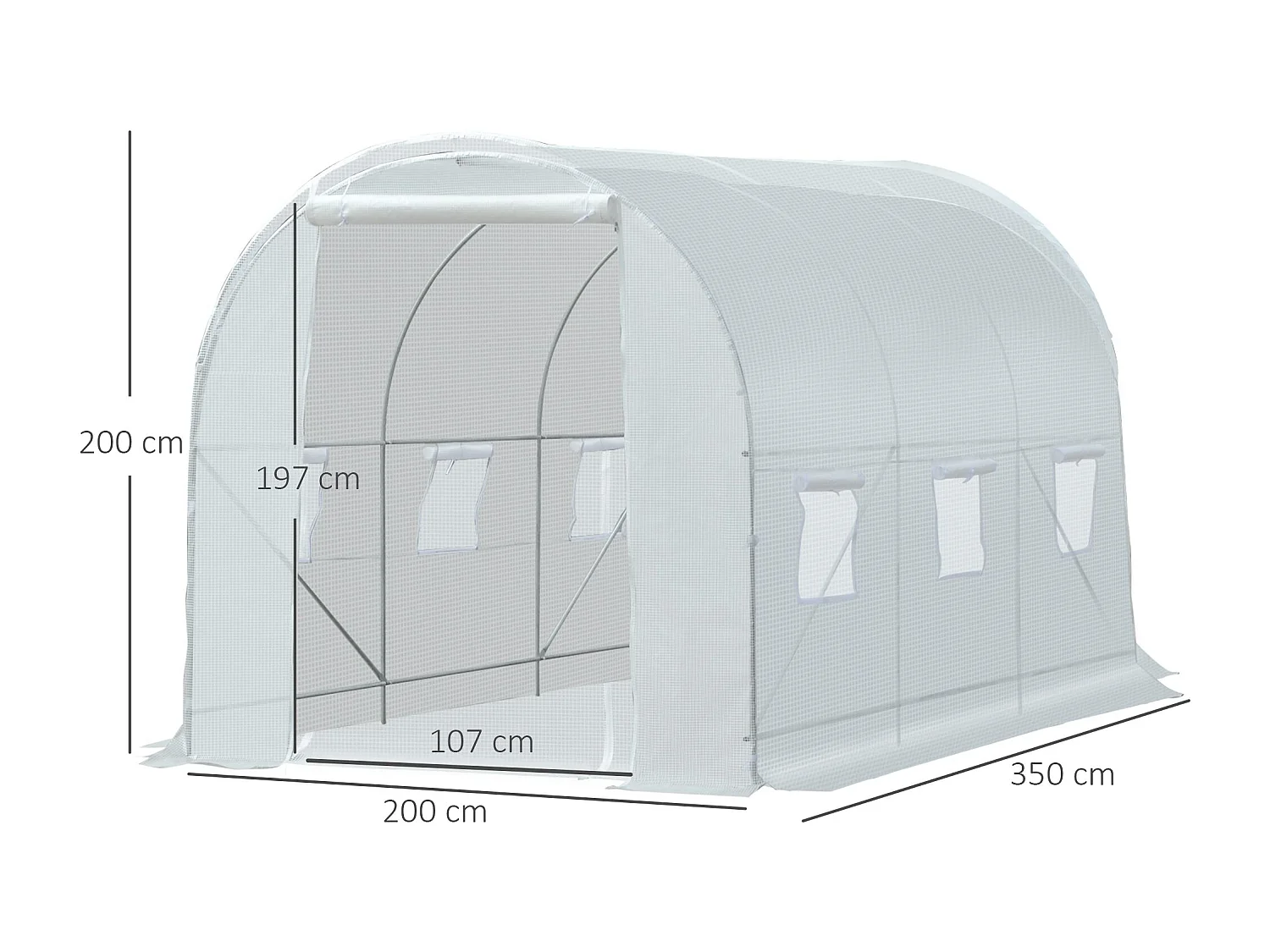 Serre de jardin tunnel surface sol 7 m² 3,5L x 2l x 2H m châssis tubulaire renforcé 18 mm 6 fenêtres blanc