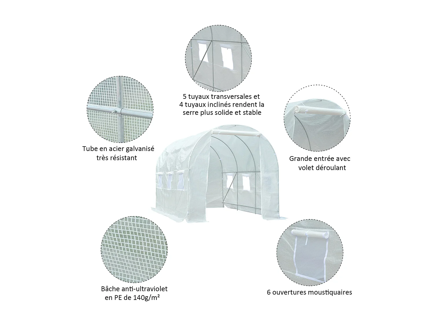 Serre de jardin tunnel surface sol 7 m² 3,5L x 2l x 2H m châssis tubulaire renforcé 18 mm 6 fenêtres blanc