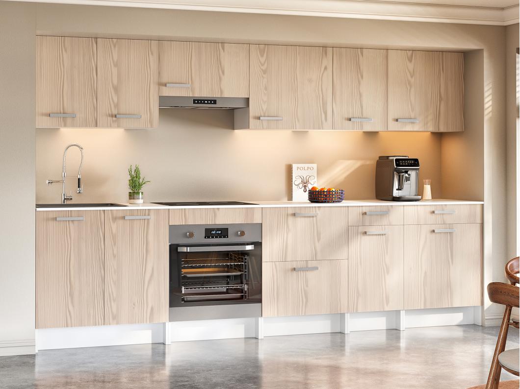 Cocina completa - Con encimera 300 cm - Natural claro y Blanco - TRATTORIA