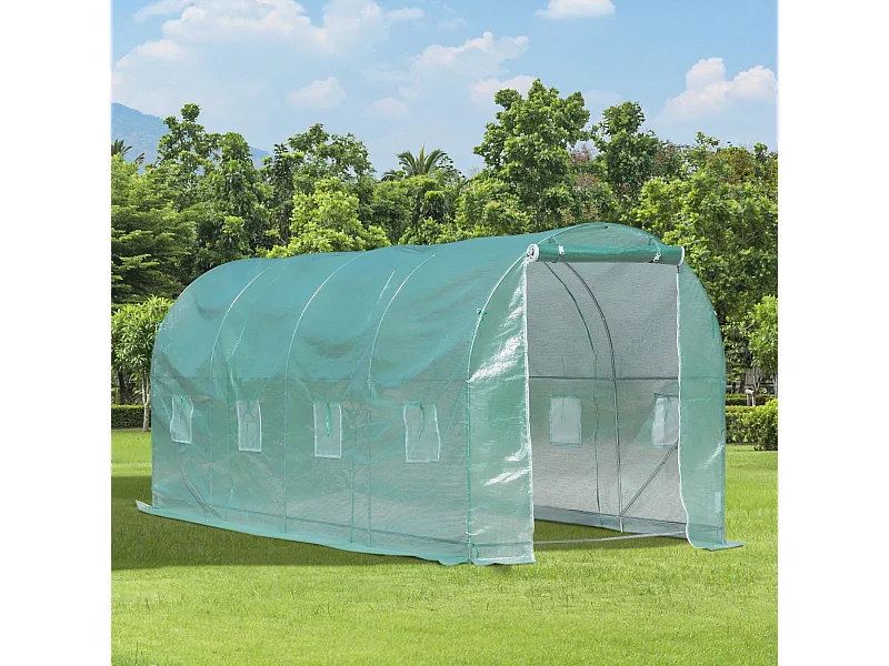 Serre de jardin tunnel surface sol 10 m² 5L x 2l x 2,10H m châssis tubulaire renforcé porte zippée 8 fenêtres enroulables vert