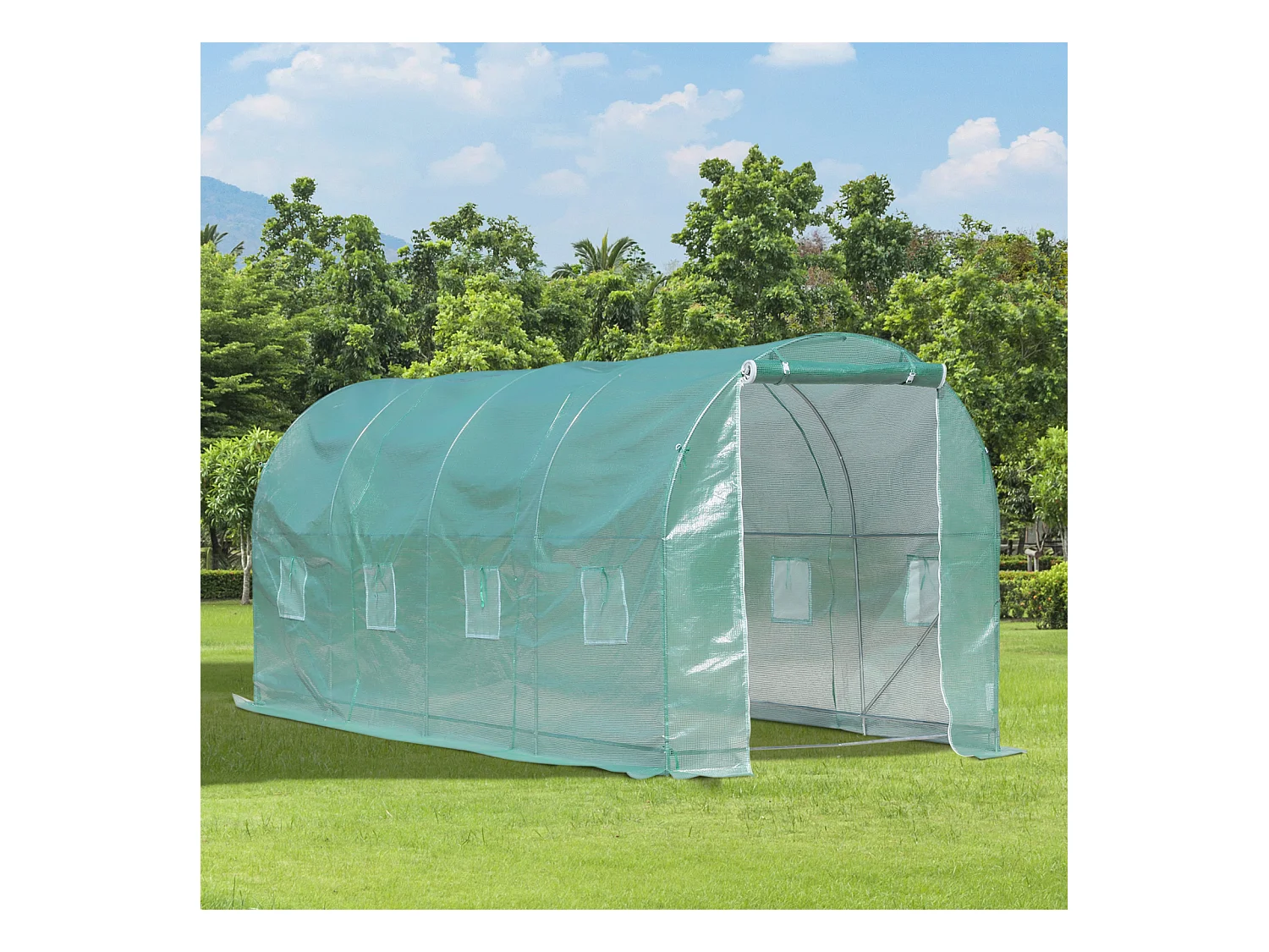 Serre de jardin tunnel surface sol 10 m² 5L x 2l x 2,10H m châssis tubulaire renforcé porte zippée 8 fenêtres enroulables vert