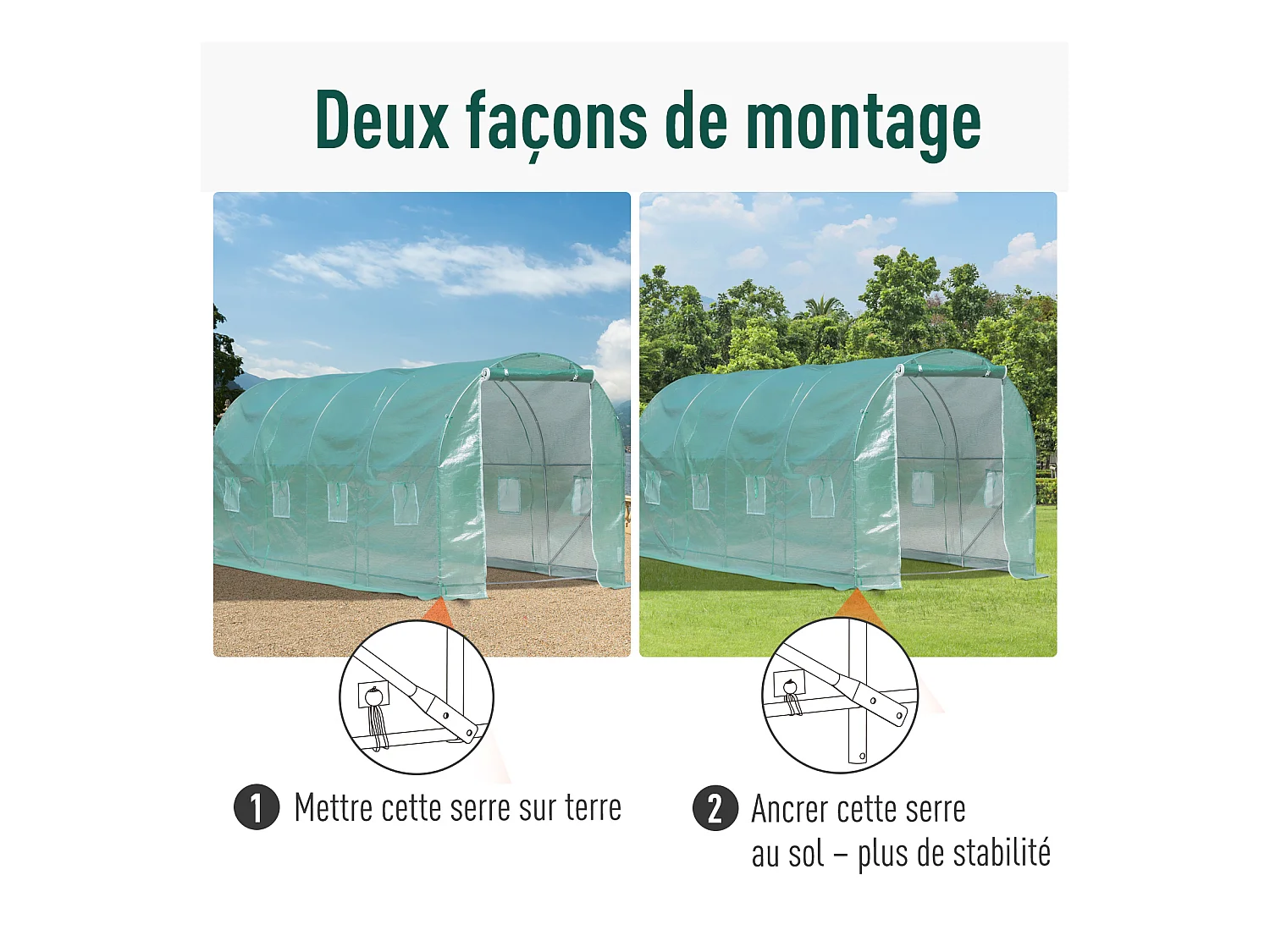 Serre de jardin tunnel surface sol 10 m² 5L x 2l x 2,10H m châssis tubulaire renforcé porte zippée 8 fenêtres enroulables vert