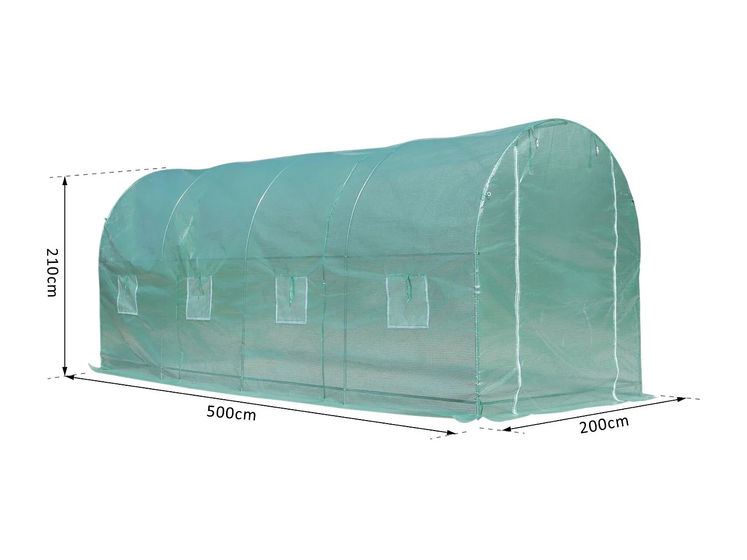 Serre de jardin tunnel surface sol 10 m² 5L x 2l x 2,10H m châssis tubulaire renforcé porte zippée 8 fenêtres enroulables vert