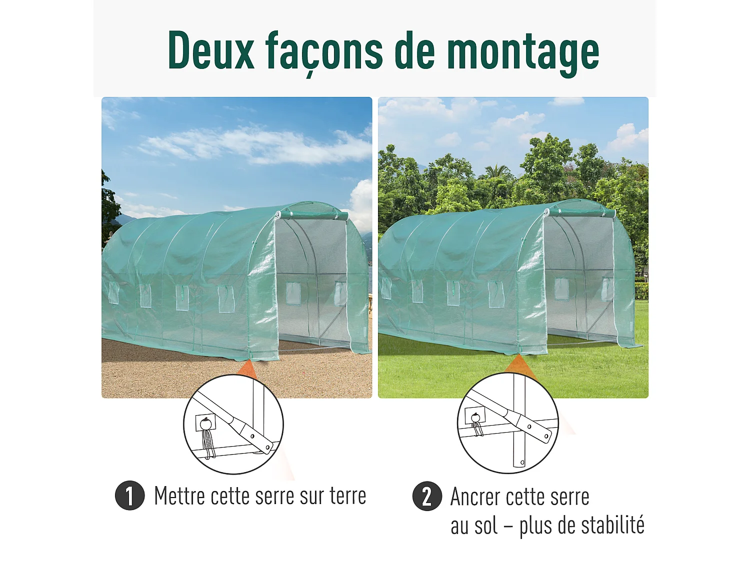 Serre de jardin tunnel surface sol 10 m² 5L x 2l x 2,10H m châssis tubulaire renforcé porte zippée 8 fenêtres enroulables vert