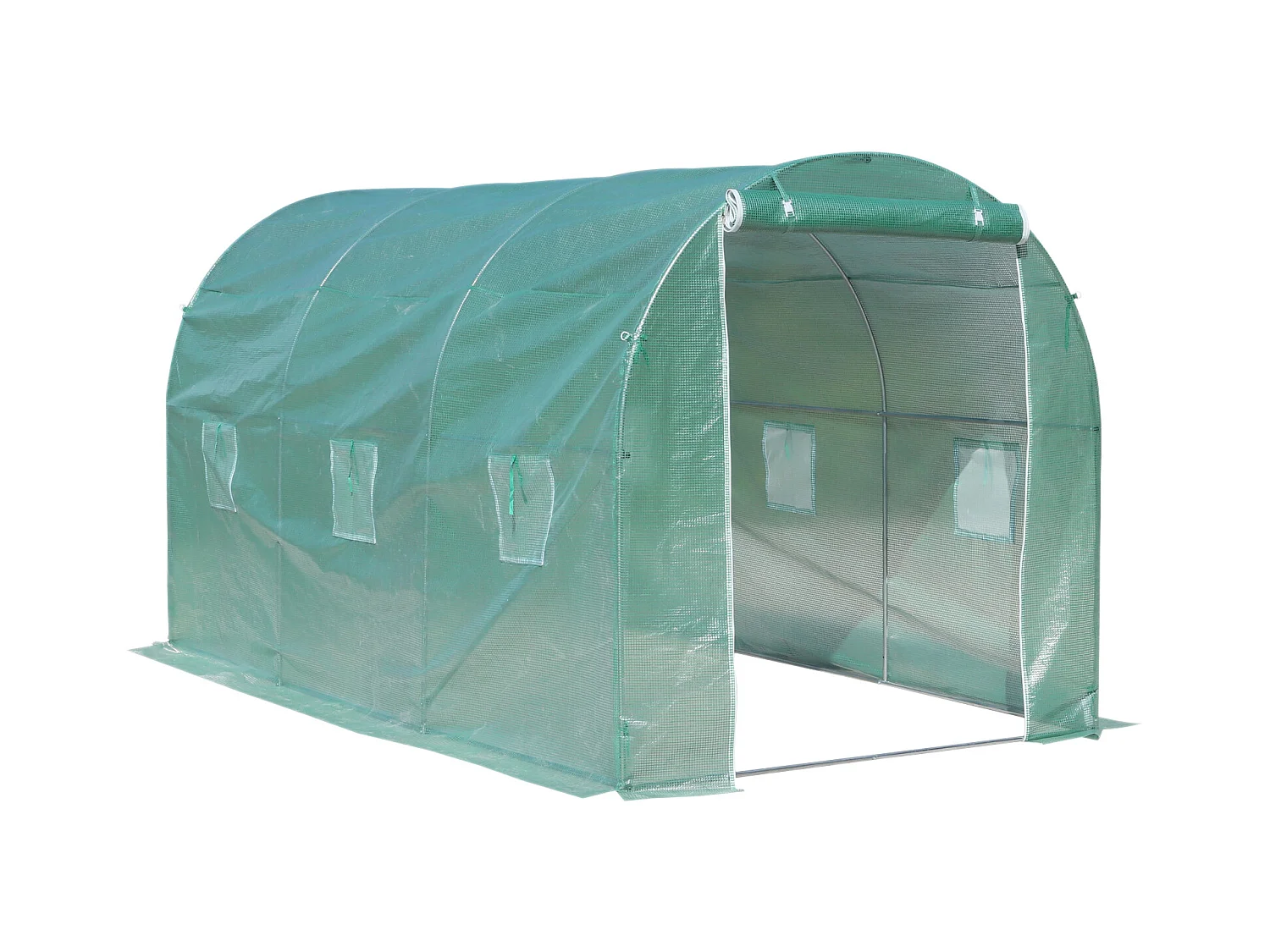 Serre de jardin tunnel surface sol 8 m² 4L x 2l x 2,10H m châssis tubulaire renforcé porte zippée 6 fenêtres enroulables vert