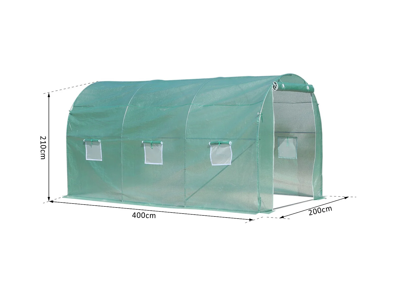 Serre de jardin tunnel surface sol 8 m² 4L x 2l x 2,10H m châssis tubulaire renforcé porte zippée 6 fenêtres enroulables vert