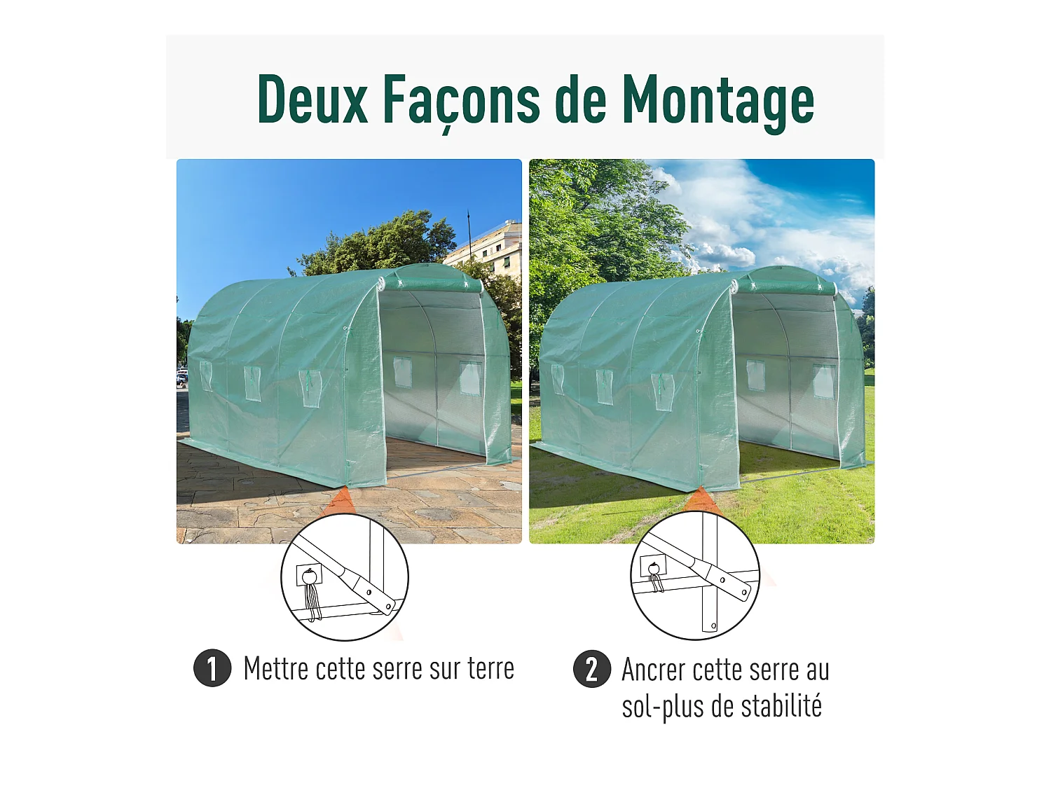 Serre de jardin tunnel surface sol 8 m² 4L x 2l x 2,10H m châssis tubulaire renforcé porte zippée 6 fenêtres enroulables vert