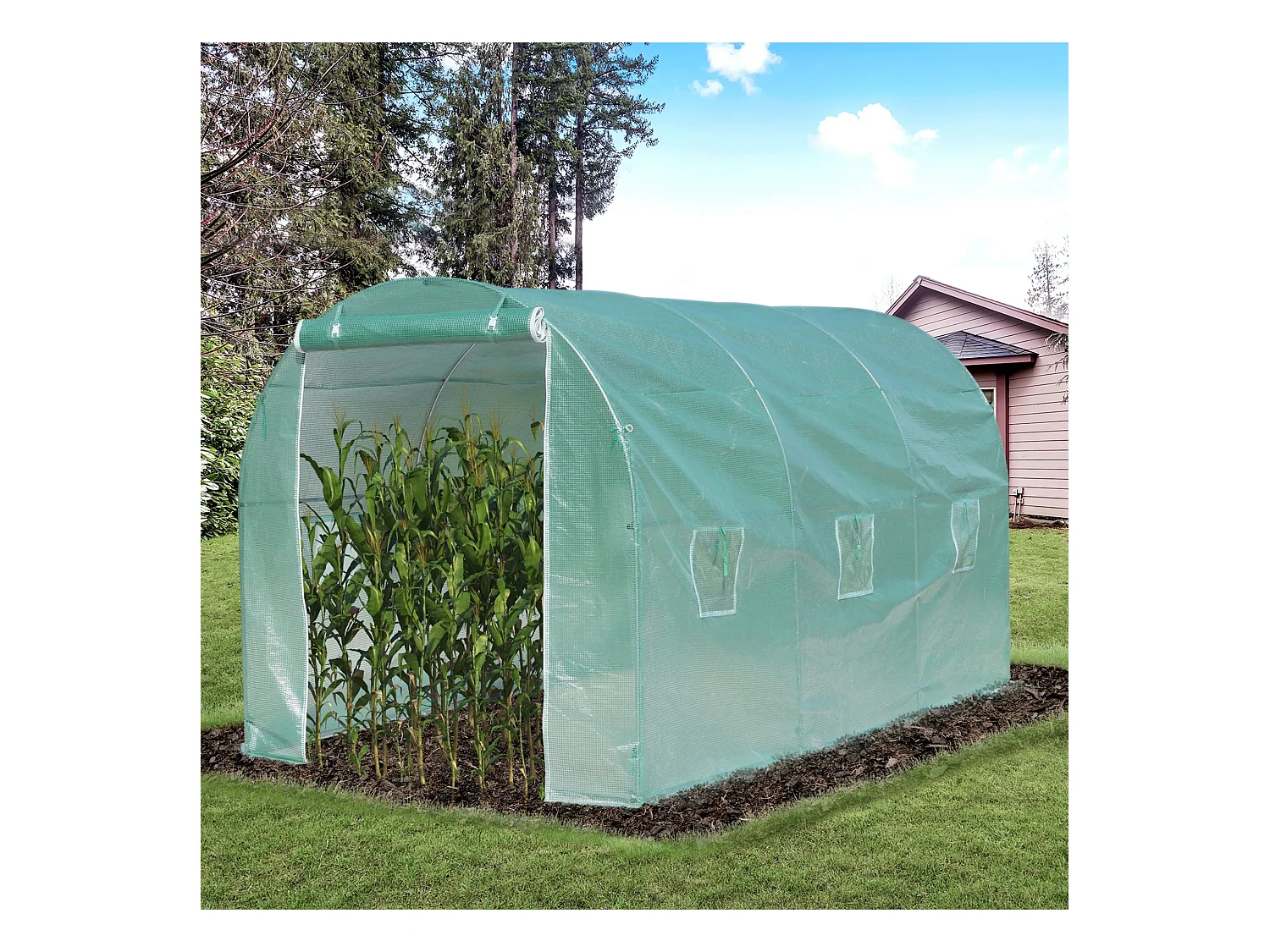 Serre de jardin tunnel surface sol 8 m² 4L x 2l x 2,10H m châssis tubulaire renforcé porte zippée 6 fenêtres enroulables vert