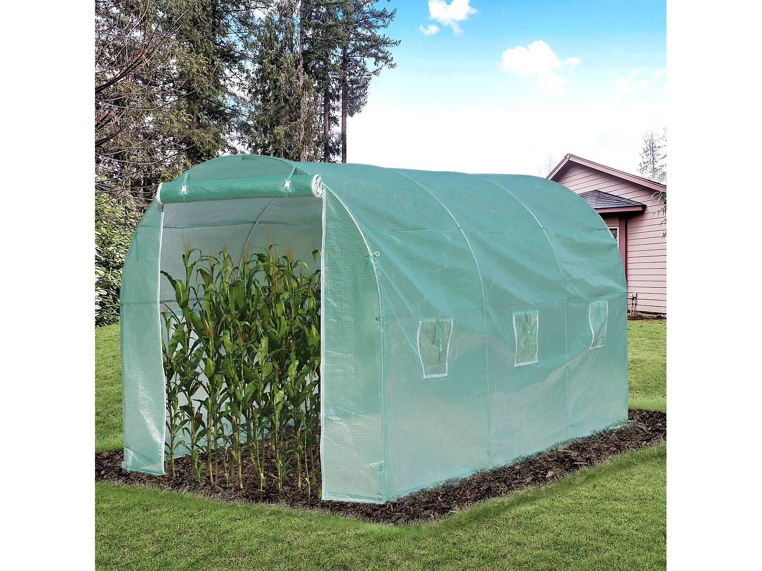 Serre de jardin tunnel surface sol 8 m² 4L x 2l x 2,10H m châssis tubulaire renforcé porte zippée 6 fenêtres enroulables vert