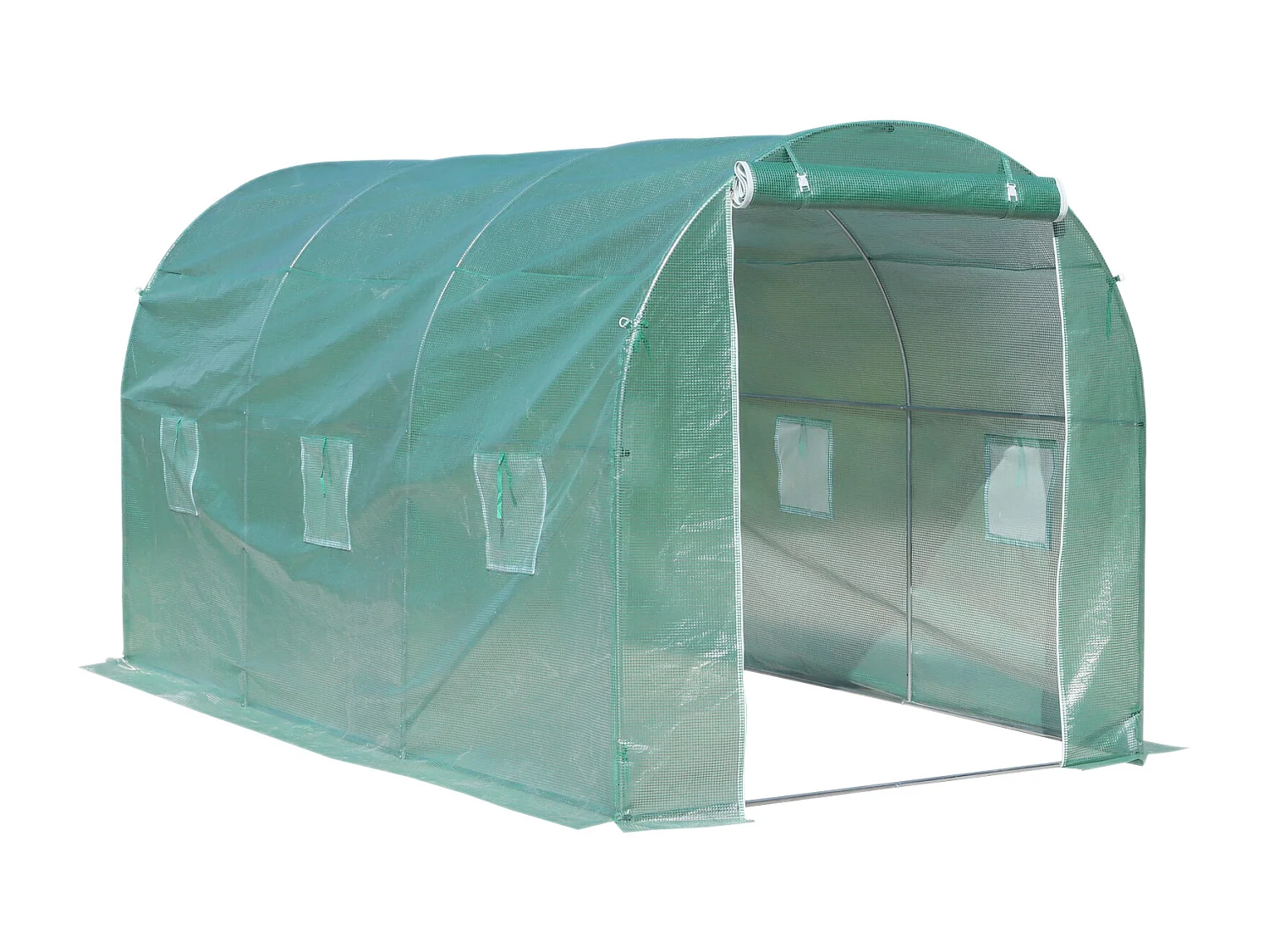 Serre de jardin tunnel surface sol 8 m² 4L x 2l x 2,10H m châssis tubulaire renforcé porte zippée 6 fenêtres enroulables vert