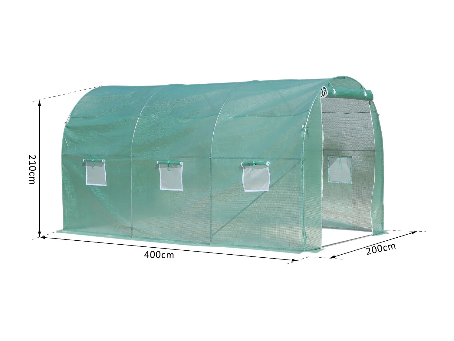 Serre de jardin tunnel surface sol 8 m² 4L x 2l x 2,10H m châssis tubulaire renforcé porte zippée 6 fenêtres enroulables vert