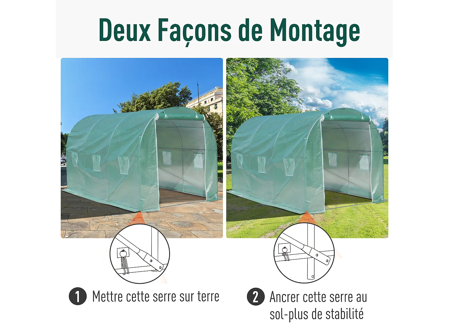 Serre de jardin tunnel surface sol 8 m² 4L x 2l x 2,10H m châssis tubulaire renforcé porte zippée 6 fenêtres enroulables vert