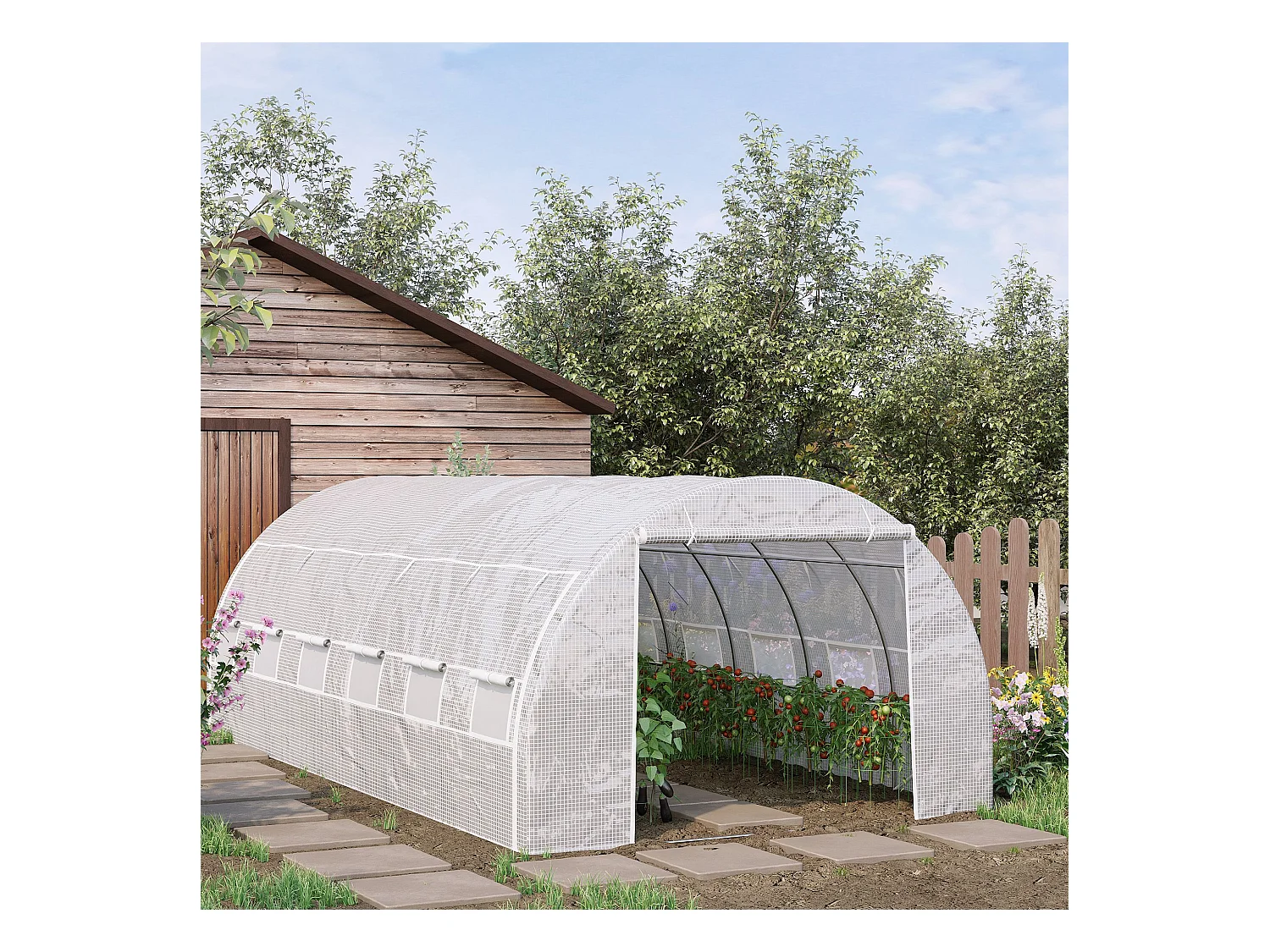 Serre de jardin tunnel 18 m² dim. 5,97L x 3,02l x 2H m - 12 fenêtres, porte zippée enroulable - châssis tubulaire acier galvanisé, bâche PE haute densité blanc