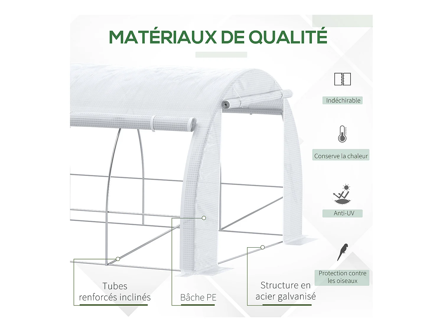 Serre de jardin tunnel 18 m² dim. 5,97L x 3,02l x 2H m - 12 fenêtres, porte zippée enroulable - châssis tubulaire acier galvanisé, bâche PE haute densité blanc