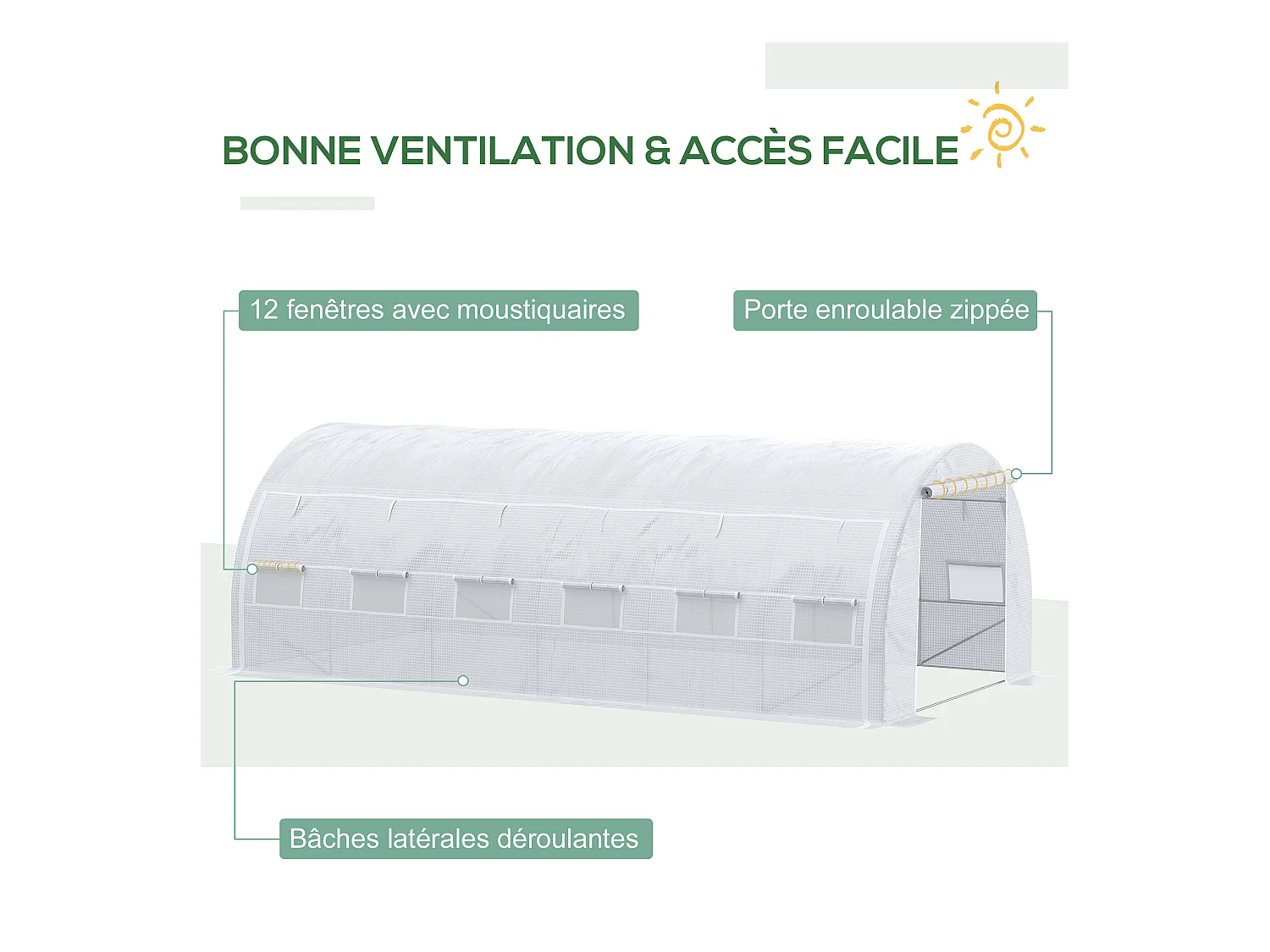 Serre de jardin tunnel 18 m² dim. 5,97L x 3,02l x 2H m - 12 fenêtres, porte zippée enroulable - châssis tubulaire acier galvanisé, bâche PE haute densité blanc