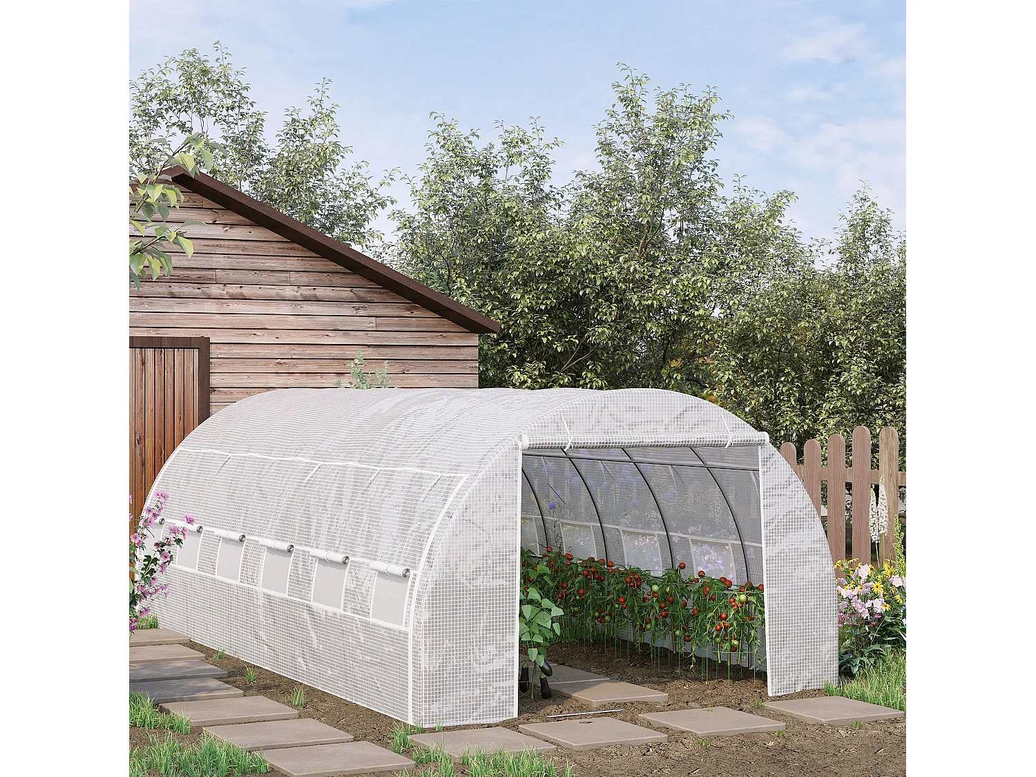 Serre de jardin tunnel 18 m² dim. 5,97L x 3,02l x 2H m - 12 fenêtres, porte zippée enroulable - châssis tubulaire acier galvanisé, bâche PE haute densité blanc