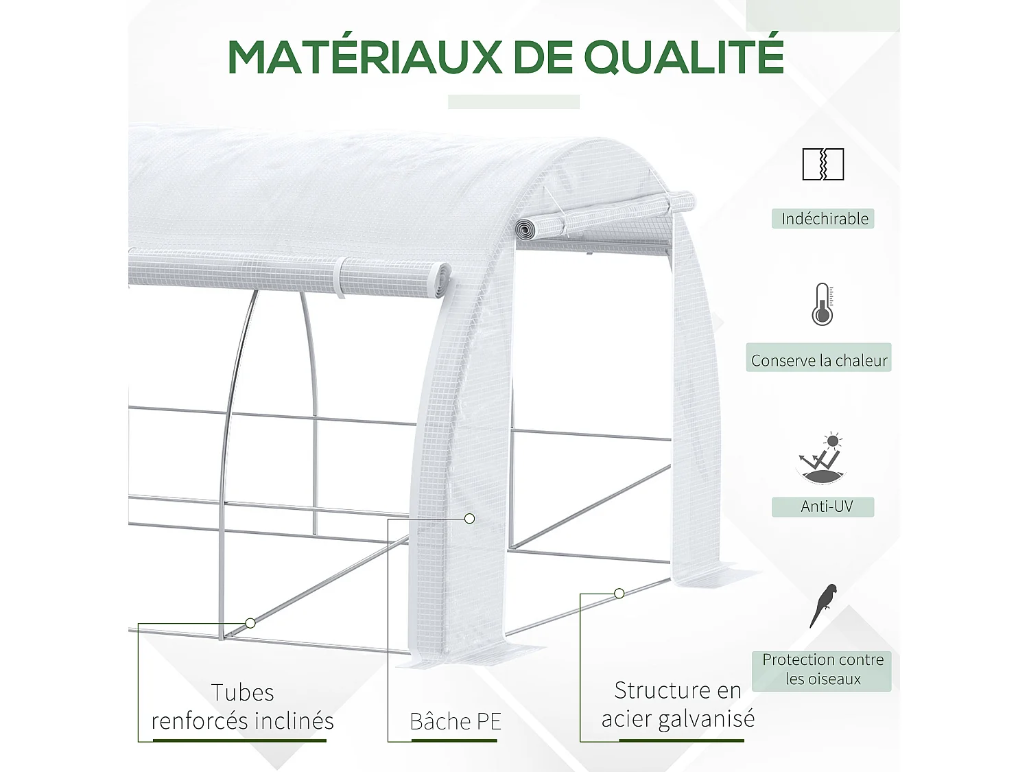 Serre de jardin tunnel 18 m² dim. 5,97L x 3,02l x 2H m - 12 fenêtres, porte zippée enroulable - châssis tubulaire acier galvanisé, bâche PE haute densité blanc