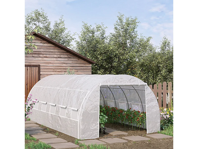 Serre de jardin tunnel 18 m² dim. 5,97L x 3,02l x 2H m - 12 fenêtres, porte zippée enroulable - châssis tubulaire acier galvanisé, bâche PE haute densité blanc