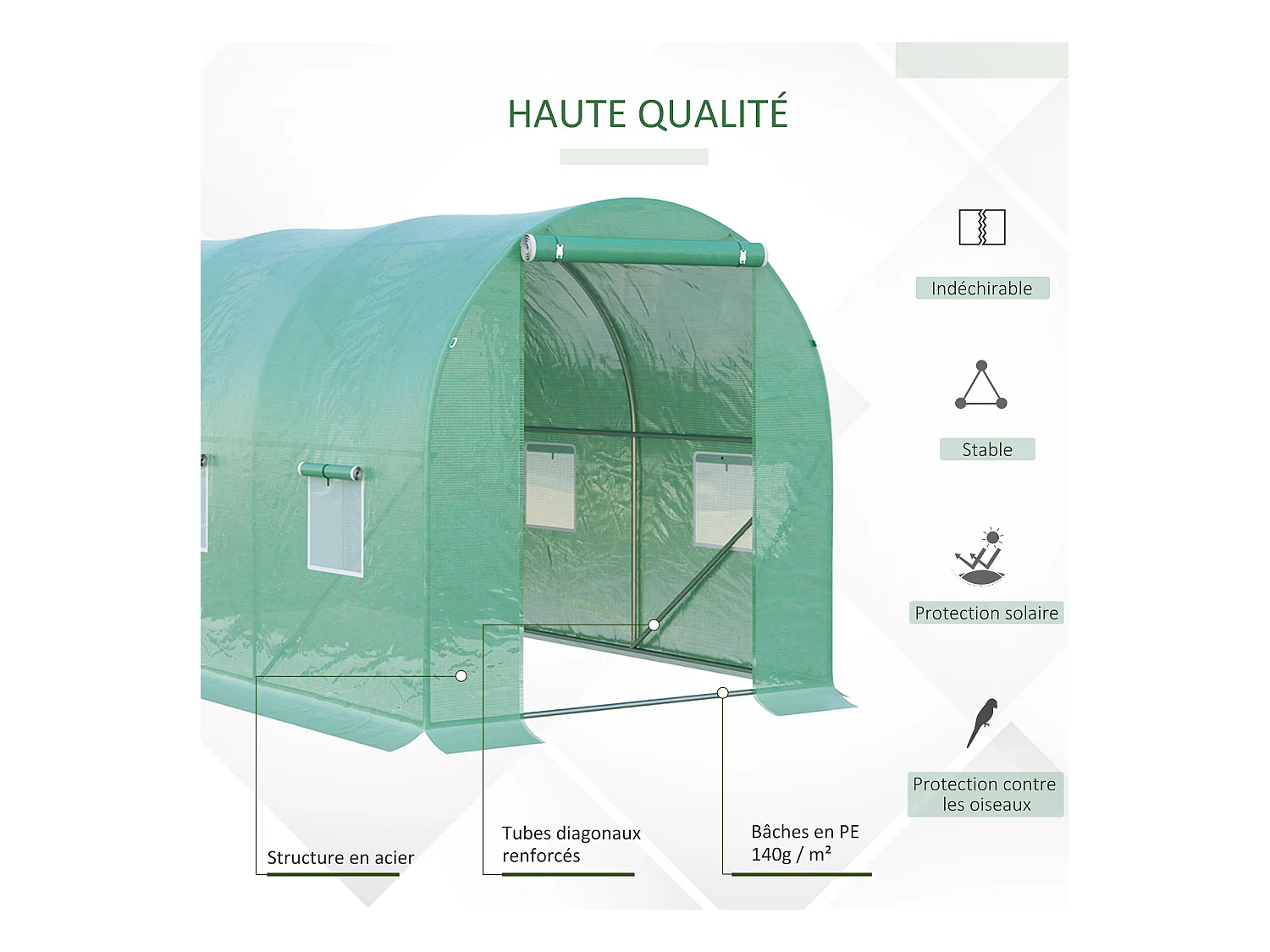 Serre de jardin tunnel 8 m² 4L x 2l x 1,9H m acier galvanisé renforcé diamètre 2,4 cm + PE haute densité fenêtres porte vert