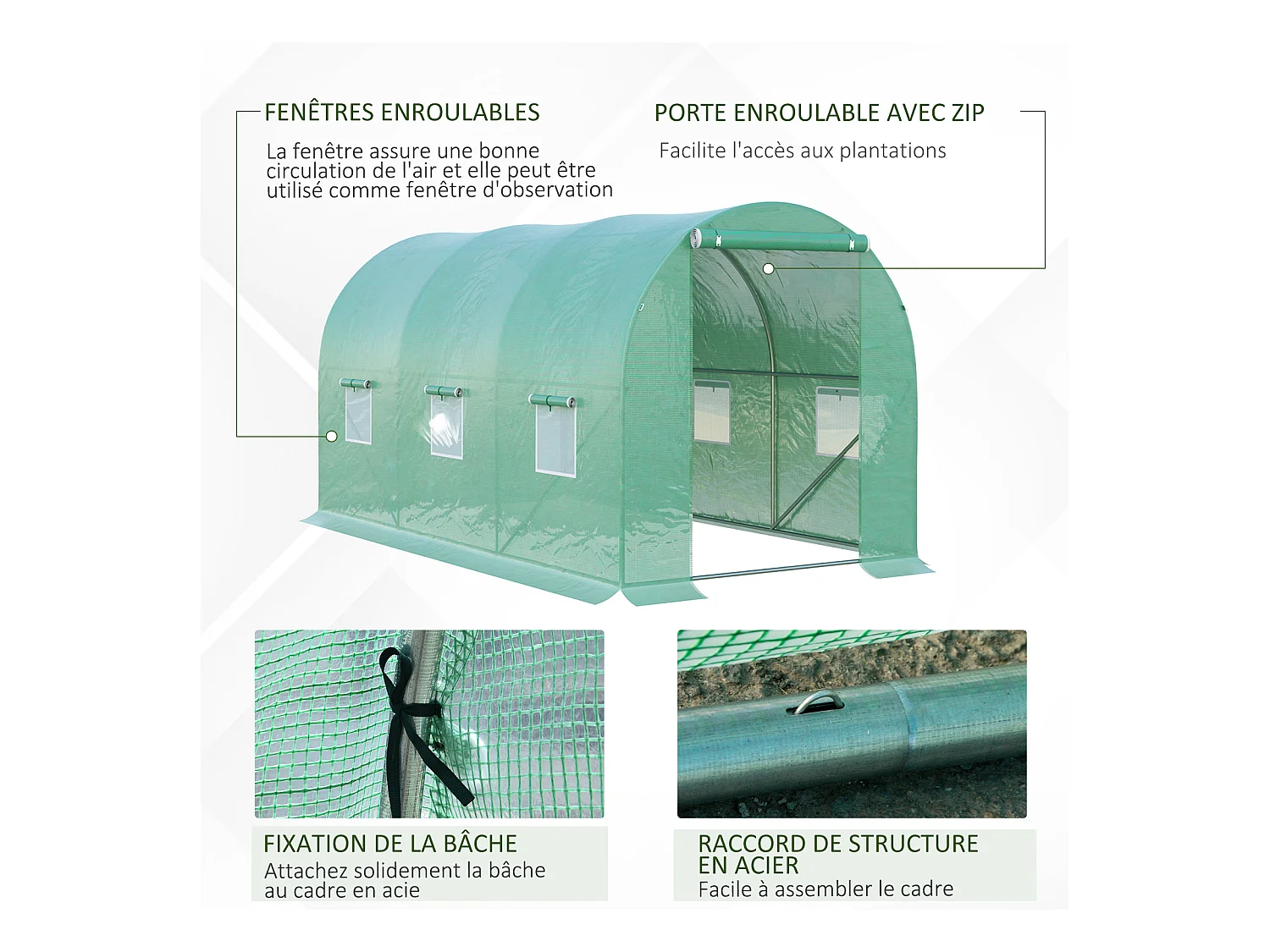 Serre de jardin tunnel 8 m² 4L x 2l x 1,9H m acier galvanisé renforcé diamètre 2,4 cm + PE haute densité fenêtres porte vert