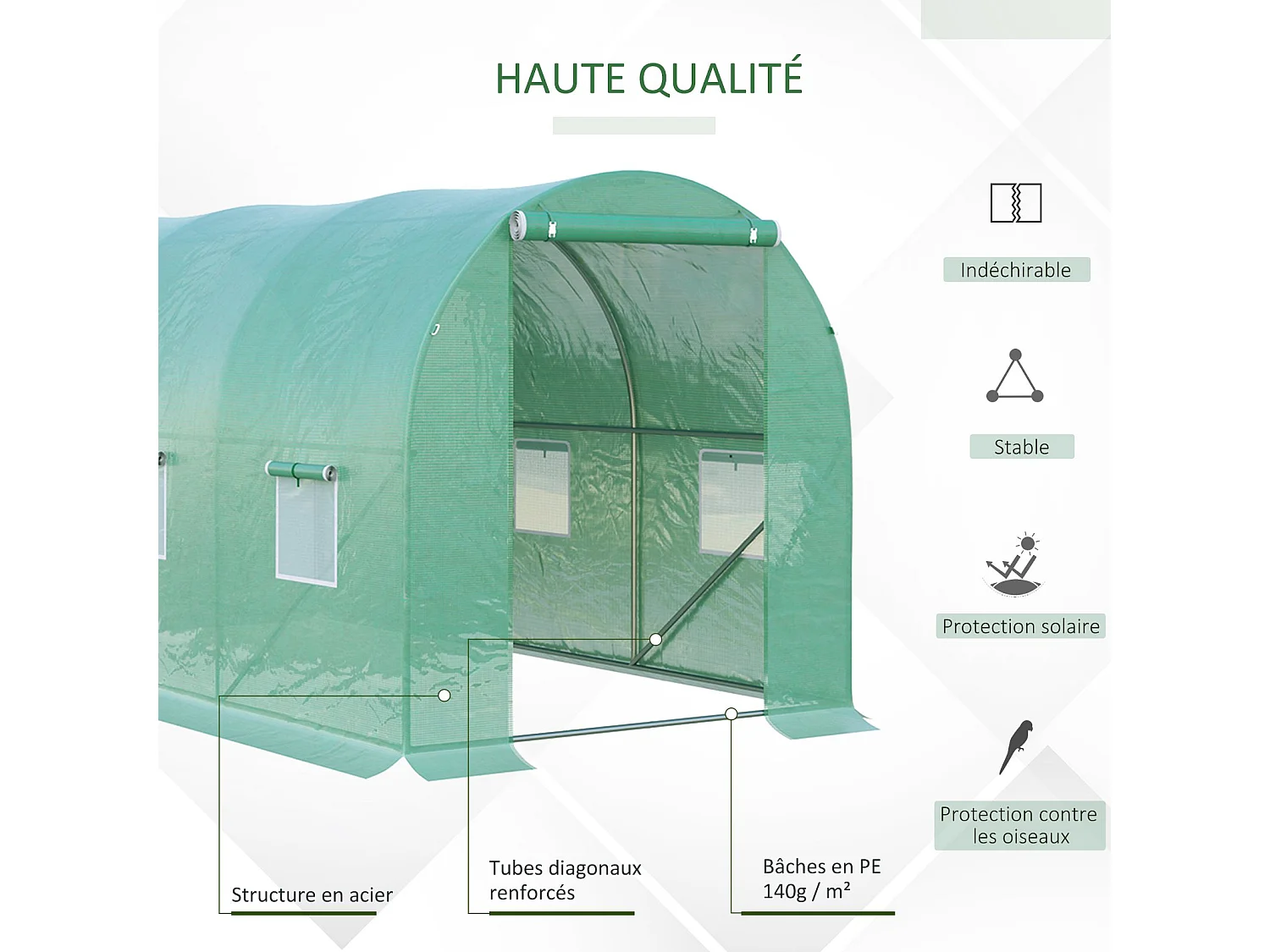 Serre de jardin tunnel 8 m² 4L x 2l x 1,9H m acier galvanisé renforcé diamètre 2,4 cm + PE haute densité fenêtres porte vert