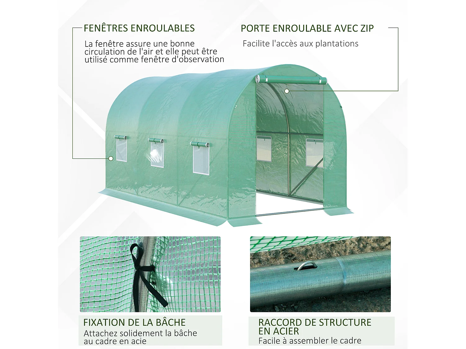 Serre de jardin tunnel 8 m² 4L x 2l x 1,9H m acier galvanisé renforcé diamètre 2,4 cm + PE haute densité fenêtres porte vert