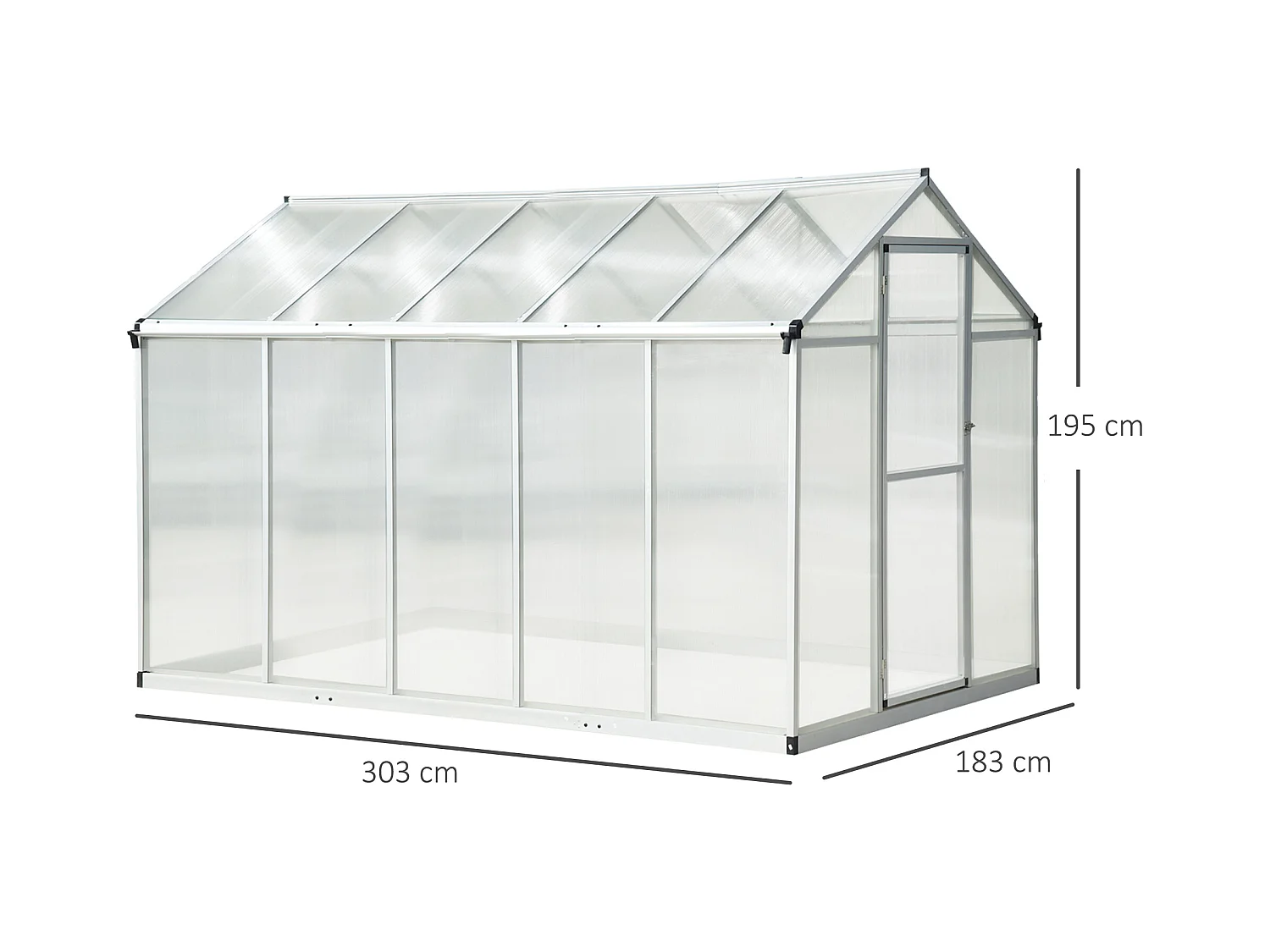 Serre de jardin aluminium polycarbonate 5,5 m² dim. 3,03L x 1,83l x 1,95H m fondation lucarne porte loquet