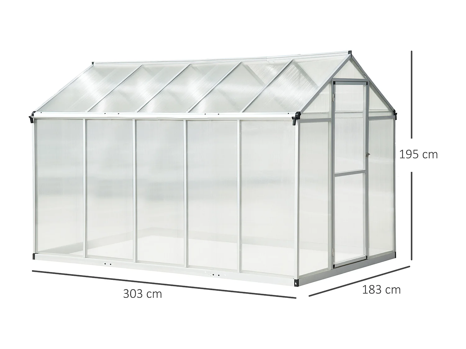 Serre de jardin aluminium polycarbonate 5,5 m² dim. 3,03L x 1,83l x 1,95H m fondation lucarne porte loquet