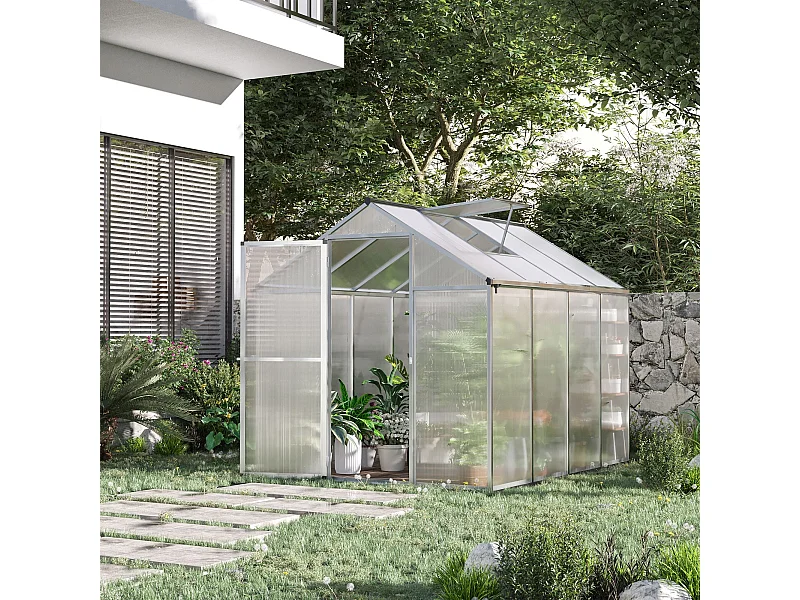 Serre de jardin aluminium polycarbonate 4,6 m² dim. 2,42L x 1,9l x 1,95H m fondation lucarne porte loquet