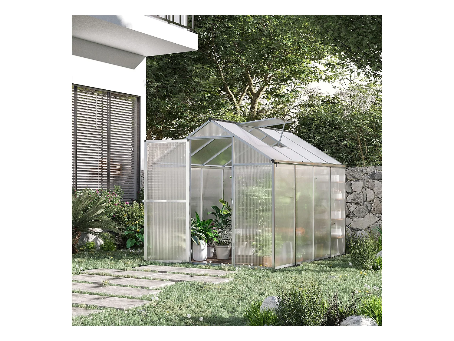 Serre de jardin aluminium polycarbonate 4,6 m² dim. 2,42L x 1,9l x 1,95H m fondation lucarne porte loquet