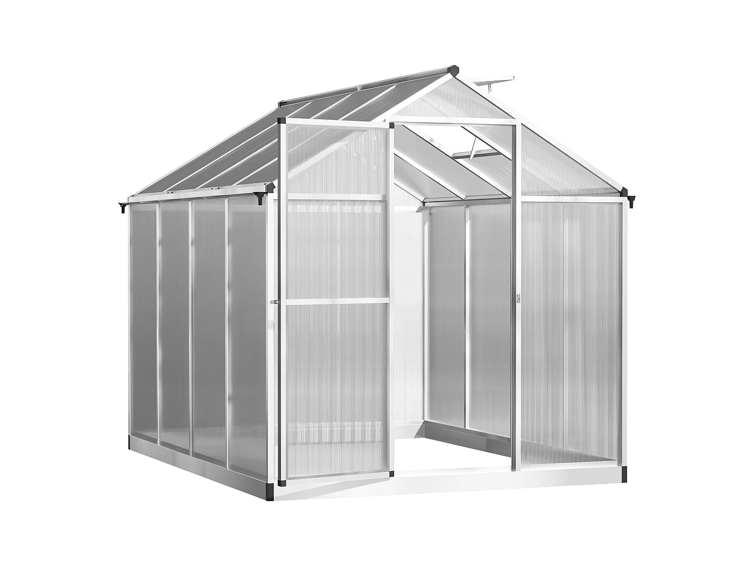 Serre de jardin aluminium polycarbonate 4,6 m² dim. 2,42L x 1,9l x 1,95H m fondation lucarne porte loquet
