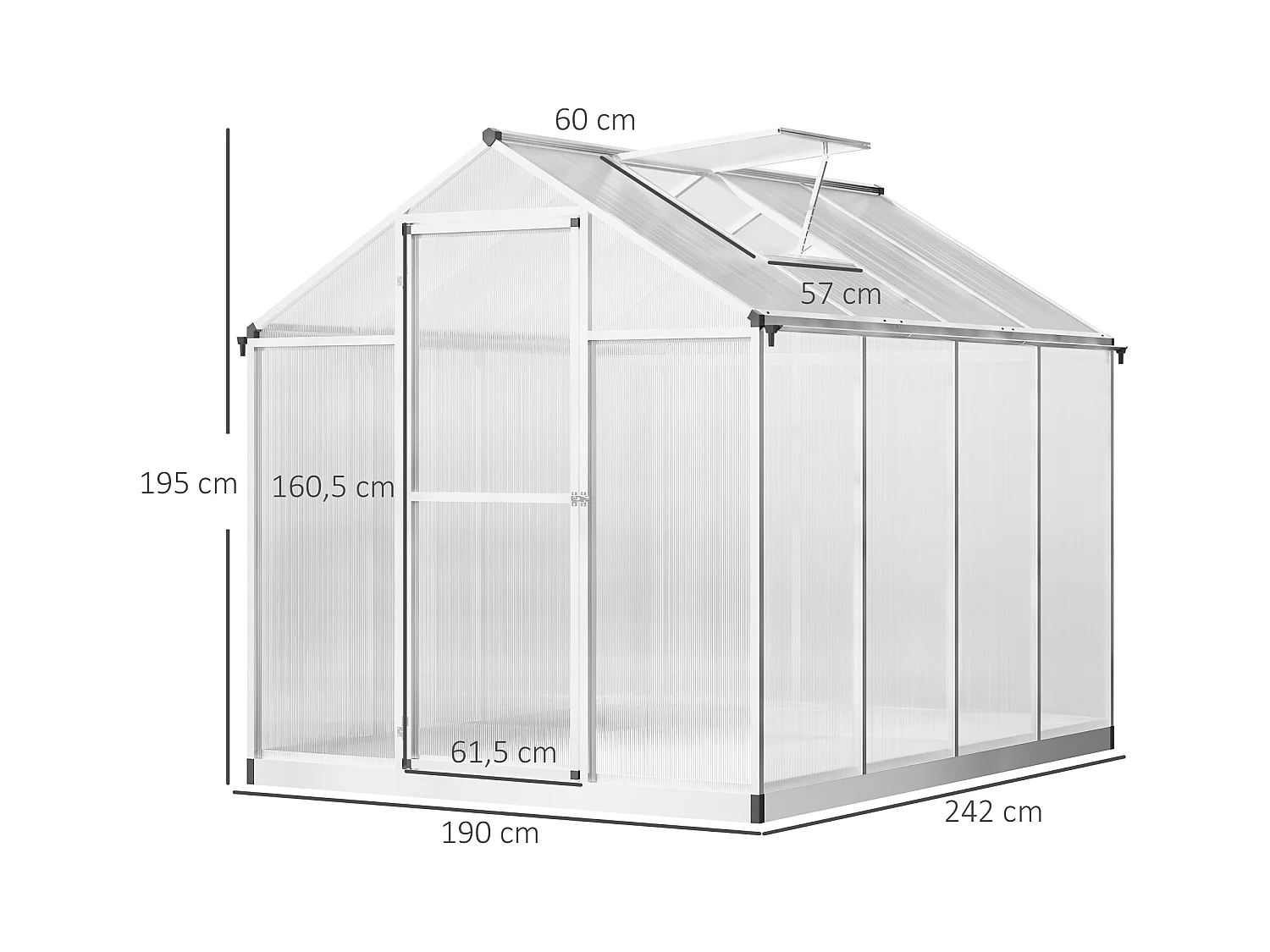 Serre de jardin aluminium polycarbonate 4,6 m² dim. 2,42L x 1,9l x 1,95H m fondation lucarne porte loquet