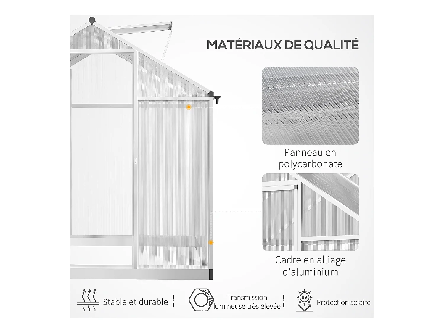 Serre de jardin aluminium polycarbonate 4,6 m² dim. 2,42L x 1,9l x 1,95H m fondation lucarne porte loquet