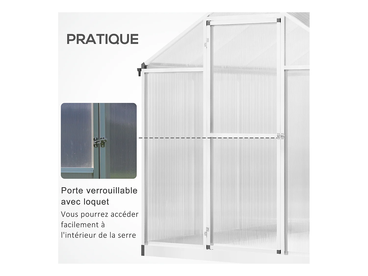 Serre de jardin aluminium polycarbonate 4,6 m² dim. 2,42L x 1,9l x 1,95H m fondation lucarne porte loquet