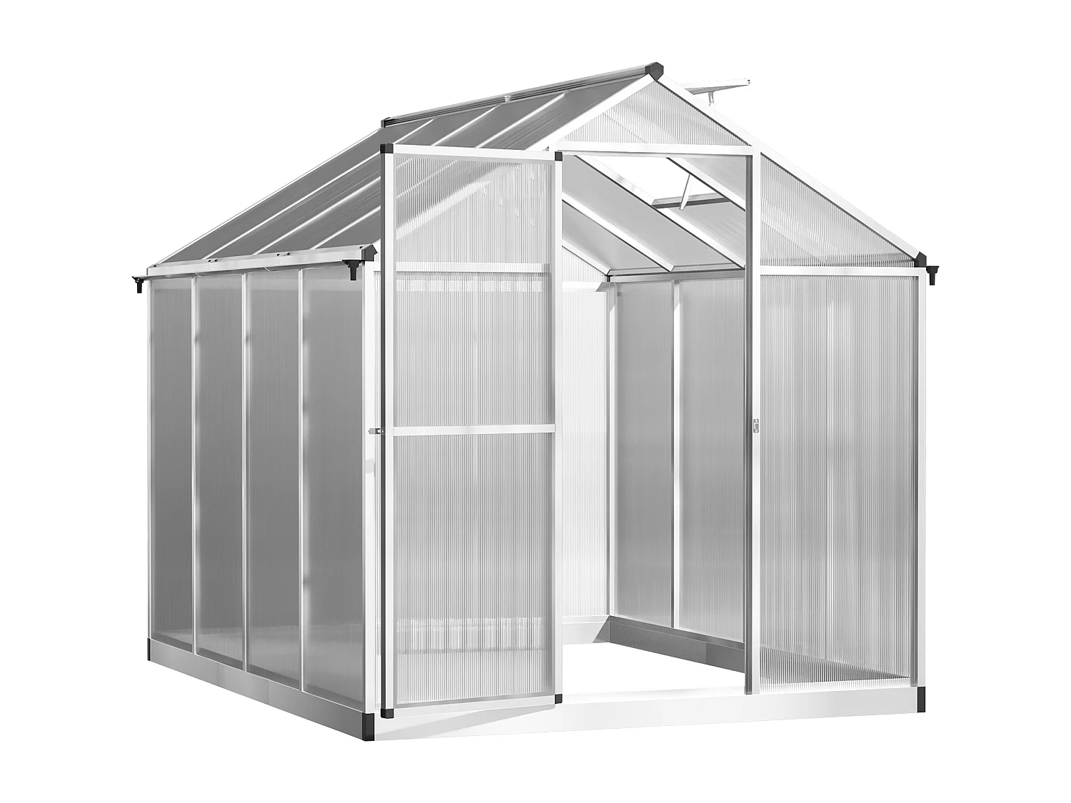 Serre de jardin aluminium polycarbonate 4,6 m² dim. 2,42L x 1,9l x 1,95H m fondation lucarne porte loquet