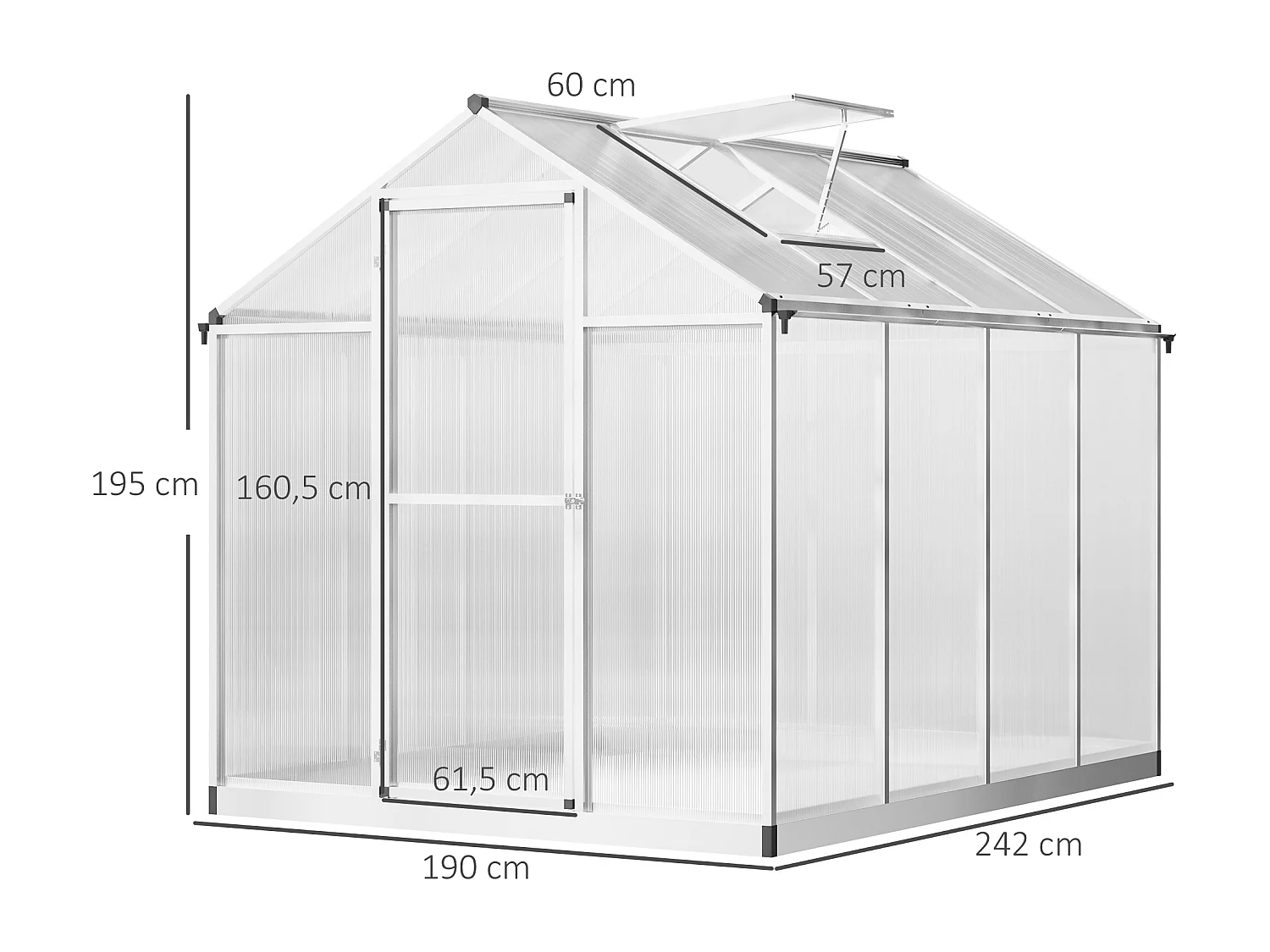 Serre de jardin aluminium polycarbonate 4,6 m² dim. 2,42L x 1,9l x 1,95H m fondation lucarne porte loquet
