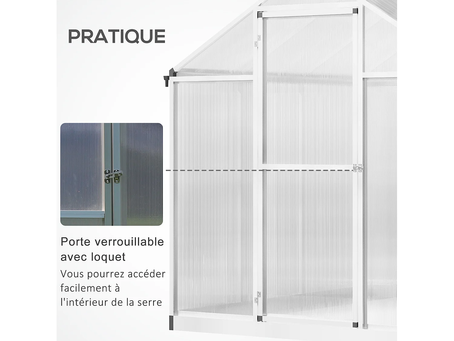 Serre de jardin aluminium polycarbonate 4,6 m² dim. 2,42L x 1,9l x 1,95H m fondation lucarne porte loquet