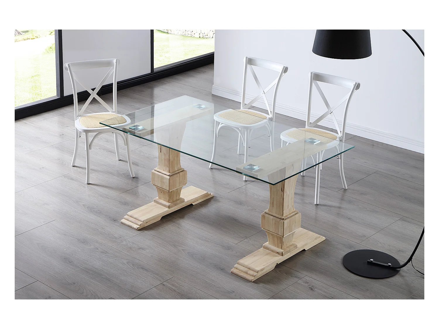 Table à manger rectangulaire en verre trempé avec pieds en bois de chêne sculpté - Longueur 160 x Profondeur 90 x Hauteur 76 cm
