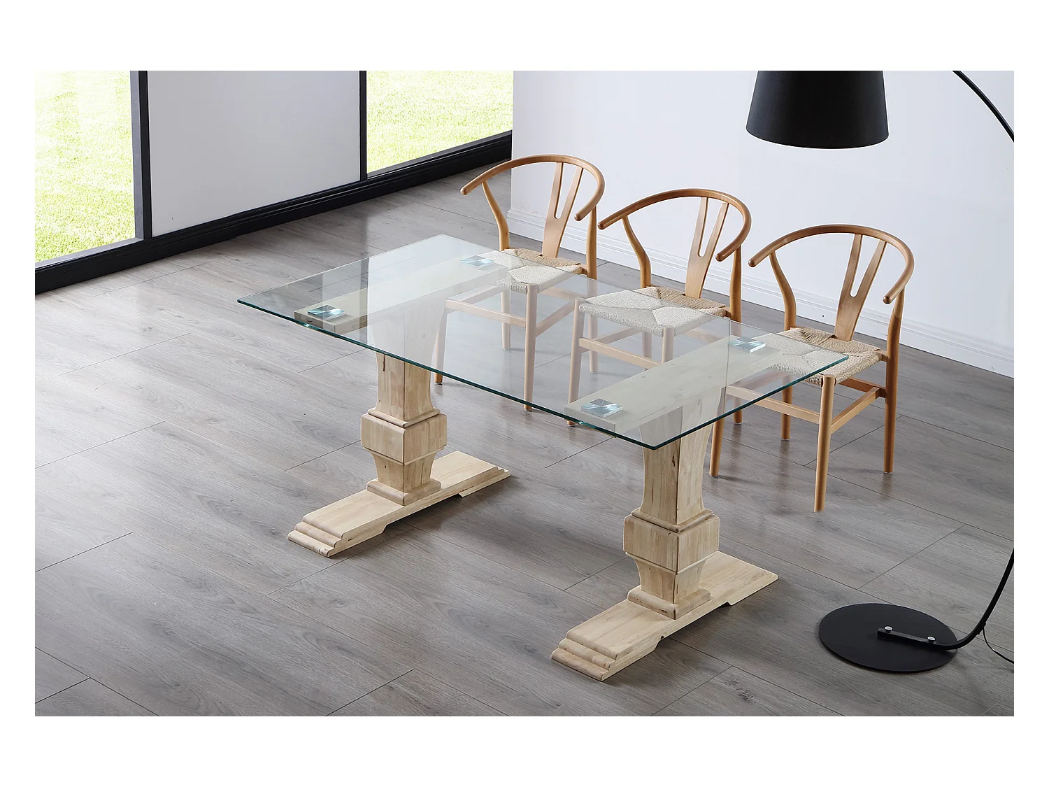 Table à manger rectangulaire en verre trempé avec pieds en bois de chêne sculpté - Longueur 160 x Profondeur 90 x Hauteur 76 cm