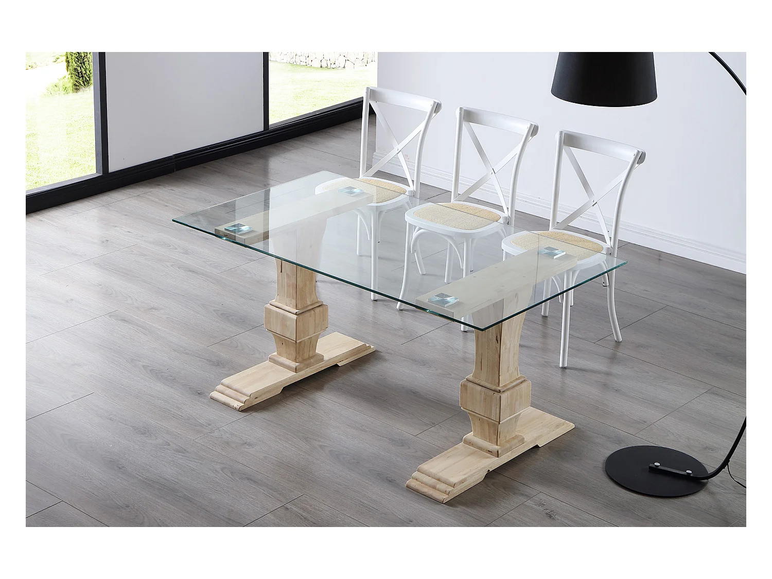 Table à manger rectangulaire en verre trempé avec pieds en bois de chêne sculpté - Longueur 160 x Profondeur 90 x Hauteur 76 cm