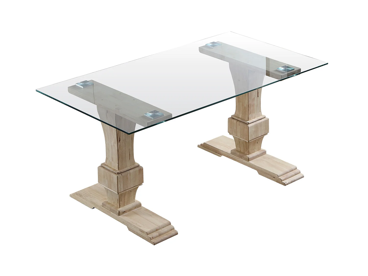 Table à manger rectangulaire en verre trempé avec pieds en bois de chêne sculpté - Longueur 160 x Profondeur 90 x Hauteur 76 cm