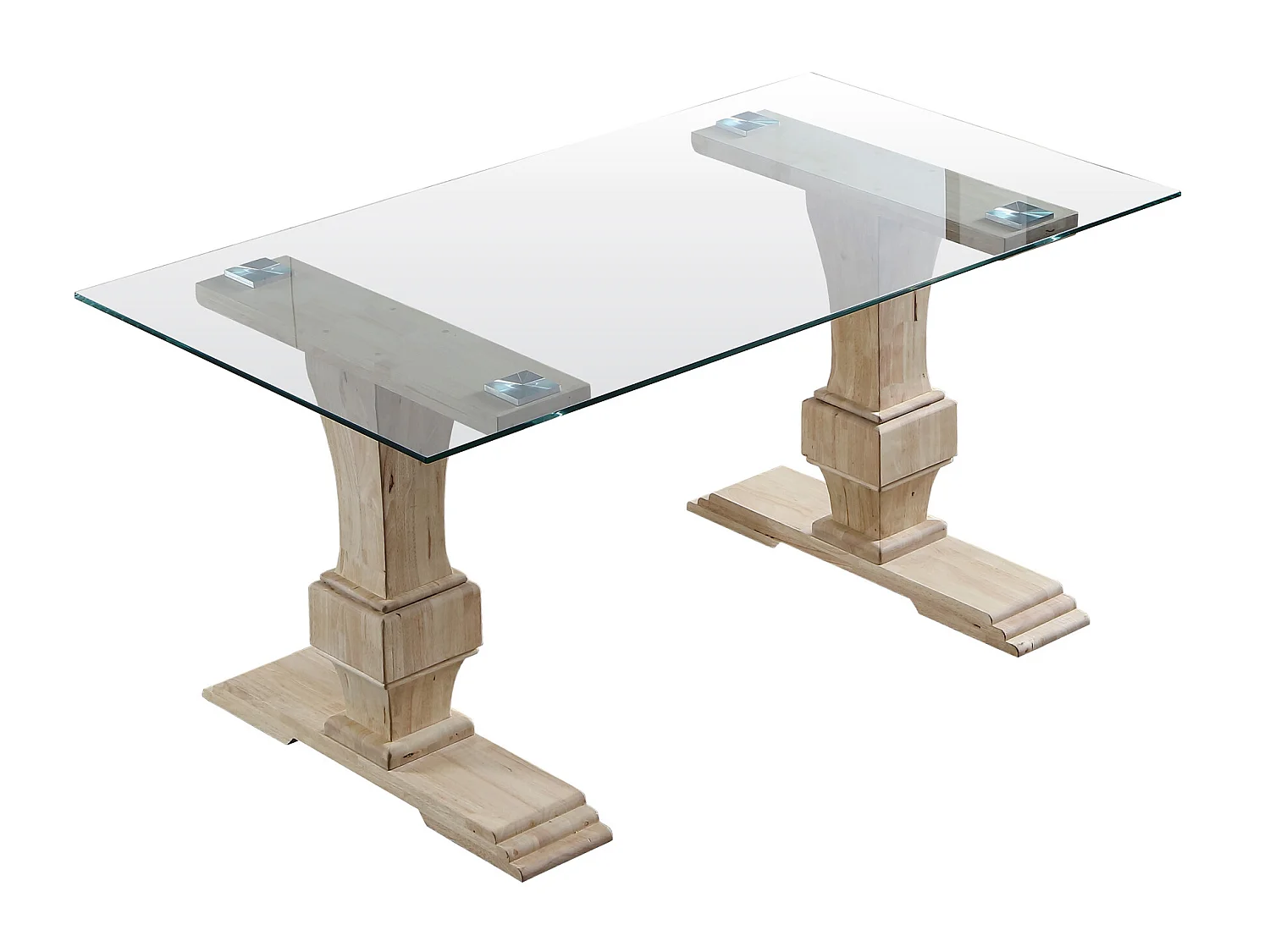 Table à manger rectangulaire en verre trempé avec pieds en bois de chêne sculpté - Longueur 160 x Profondeur 90 x Hauteur 76 cm