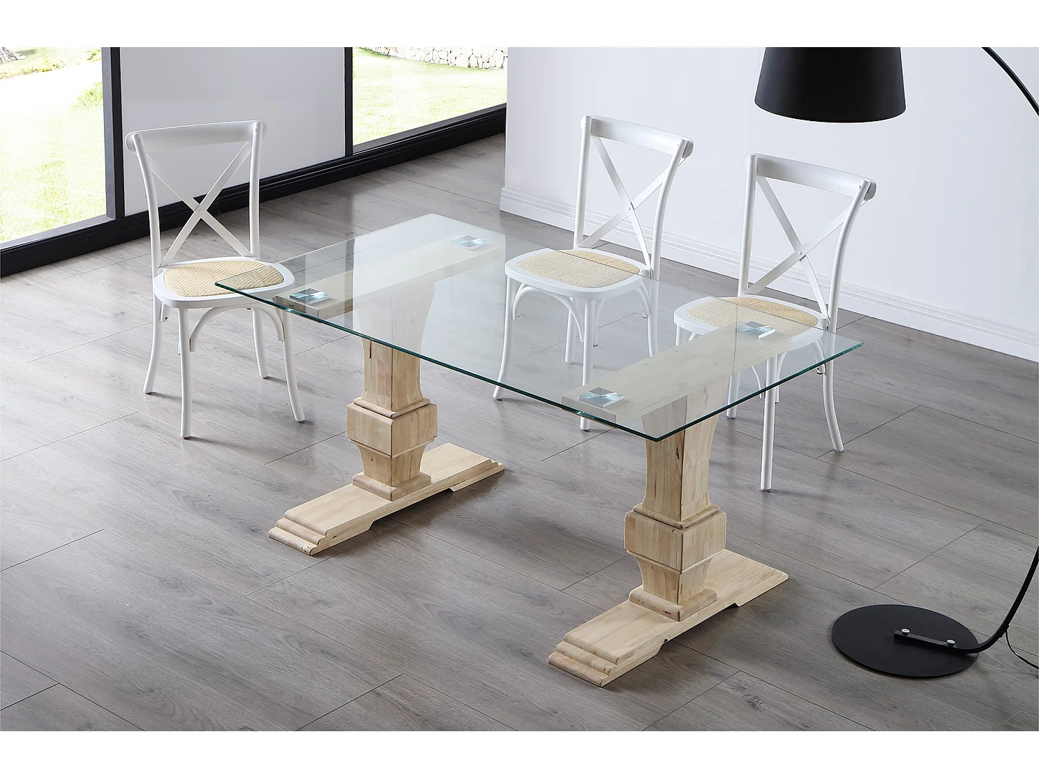 Table à manger rectangulaire en verre trempé avec pieds en bois de chêne sculpté - Longueur 160 x Profondeur 90 x Hauteur 76 cm