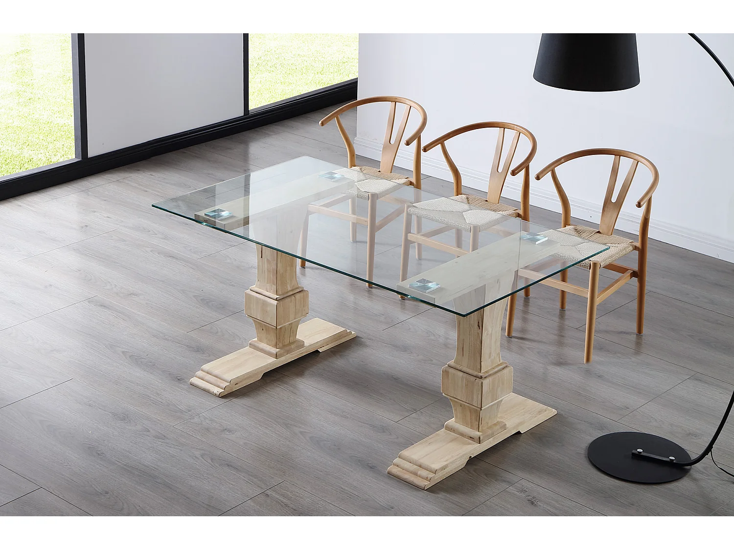 Table à manger rectangulaire en verre trempé avec pieds en bois de chêne sculpté - Longueur 160 x Profondeur 90 x Hauteur 76 cm