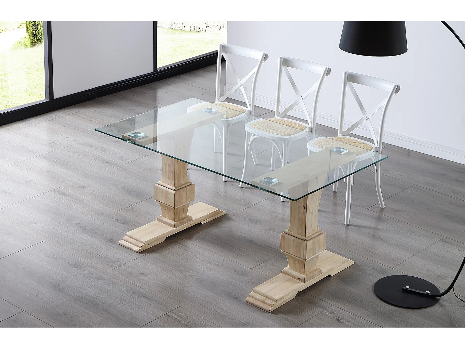 Table à manger rectangulaire en verre trempé avec pieds en bois de chêne sculpté - Longueur 160 x Profondeur 90 x Hauteur 76 cm