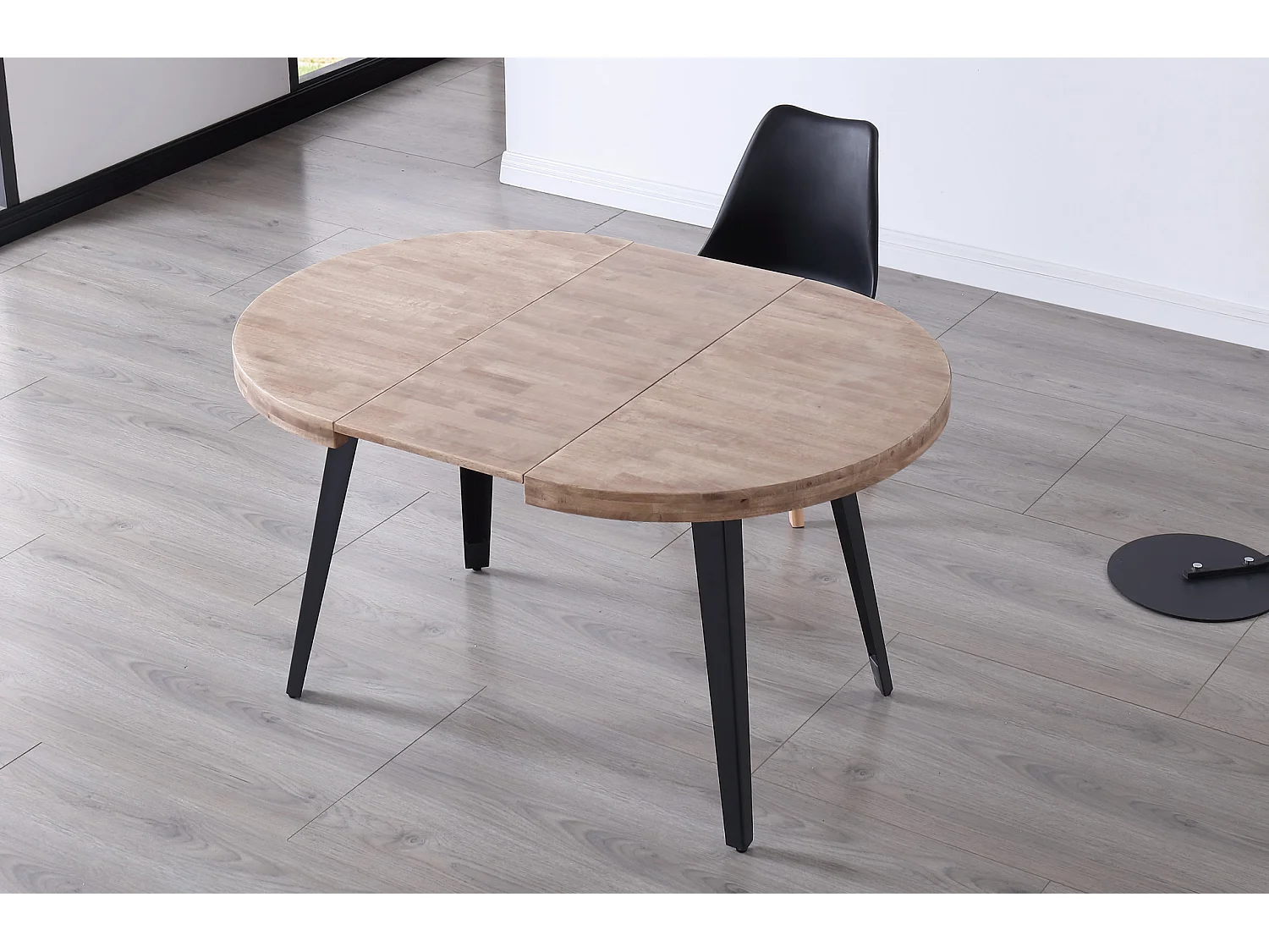 Table à manger ronde extensible en bois de chêne miel avec pieds en métal noir-Longueur 140-180 x Profondeur 100 x Hauteur 76 cm
