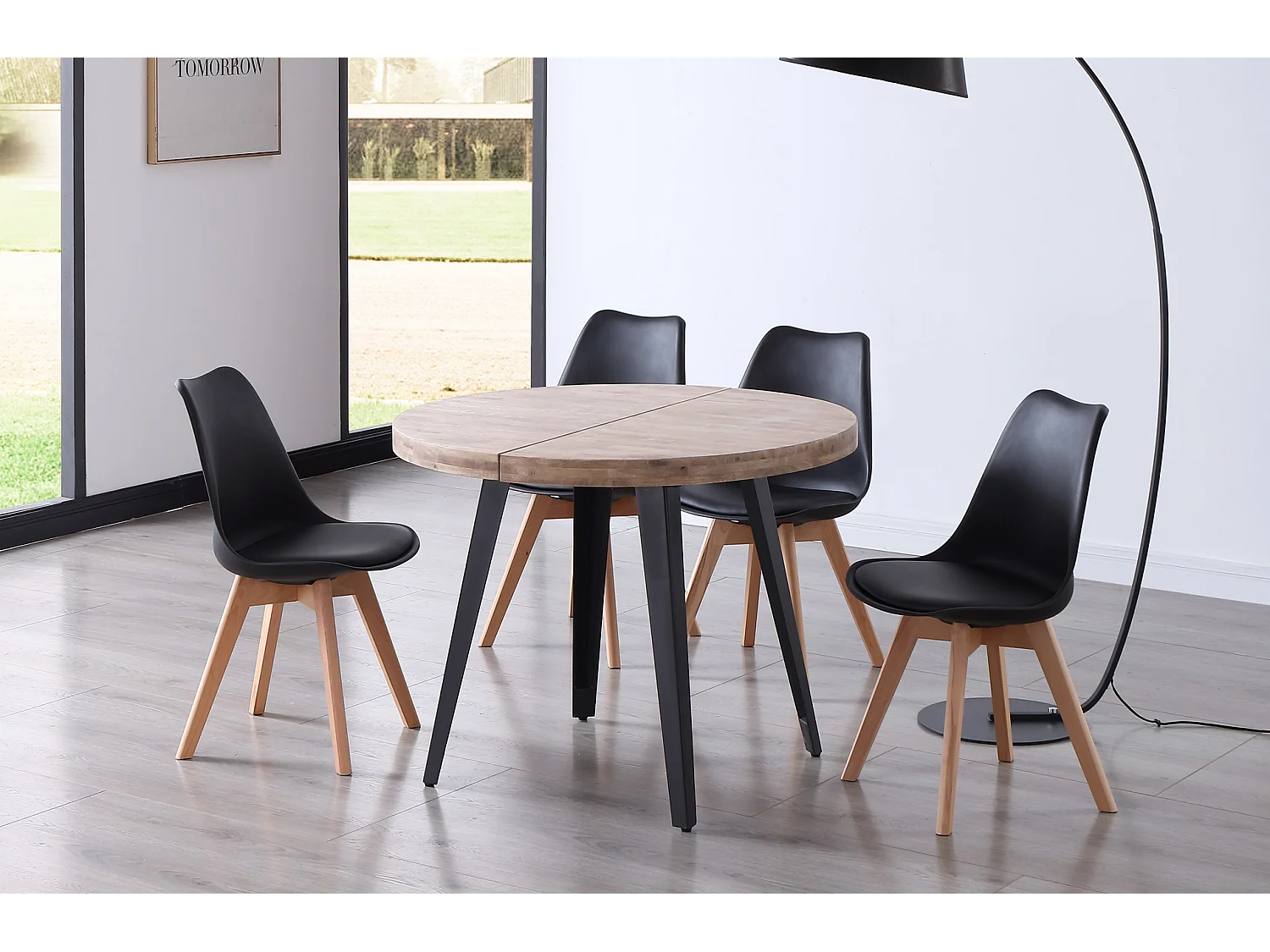 Table à manger ronde extensible en bois de chêne miel avec pieds en métal noir-Longueur 140-180 x Profondeur 100 x Hauteur 76 cm