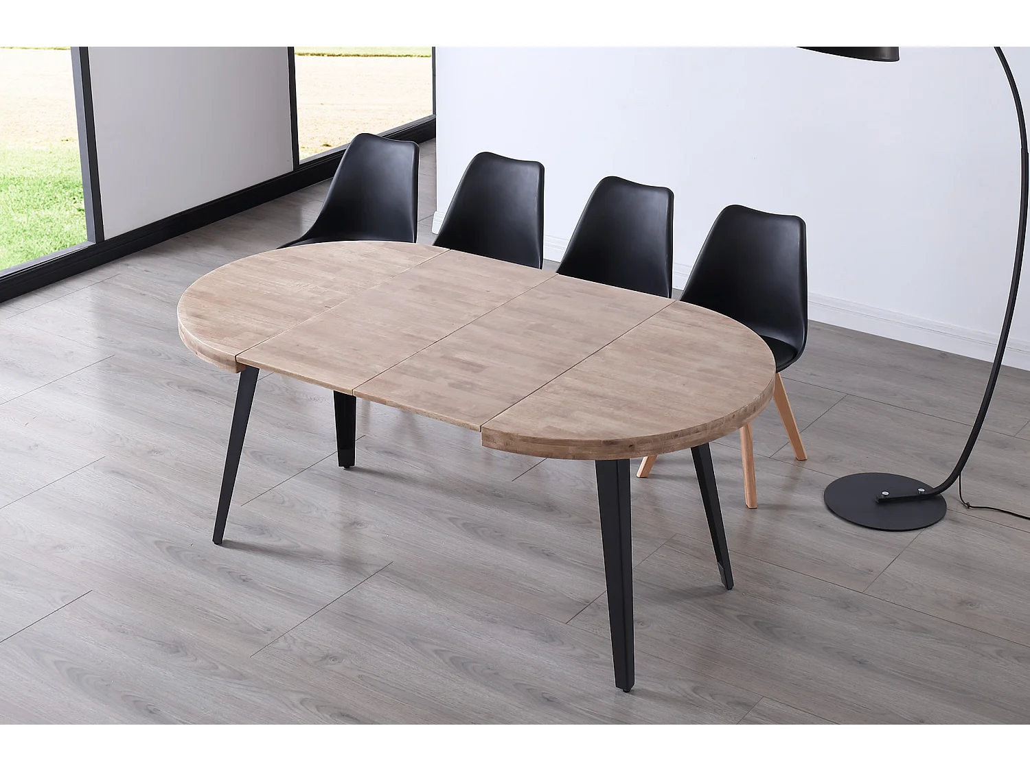 Table à manger ronde extensible en bois de chêne miel avec pieds en métal noir-Longueur 140-180 x Profondeur 100 x Hauteur 76 cm
